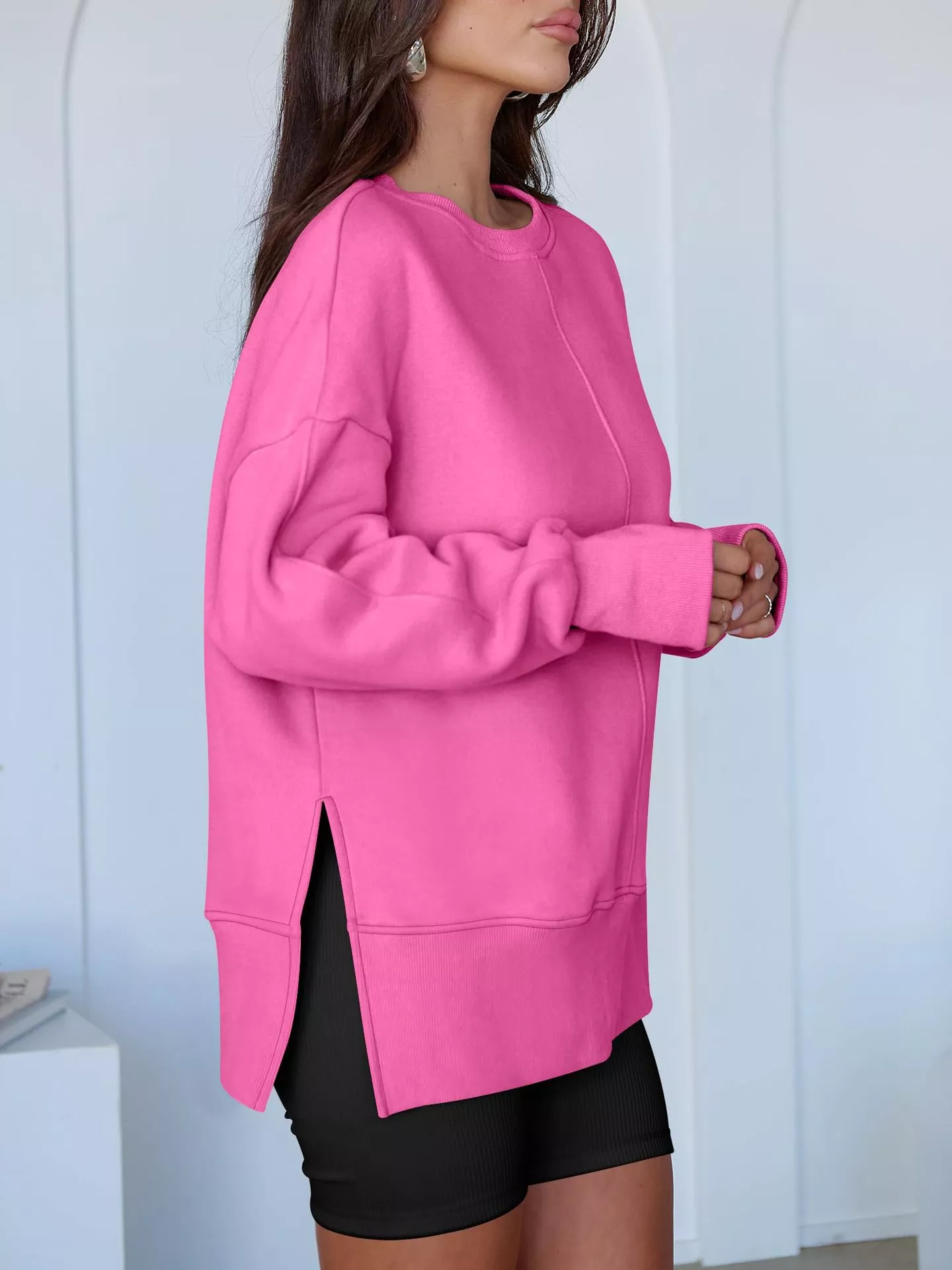 Side Slit Round Neck Long Sleeve Sweatshirt - Image 35