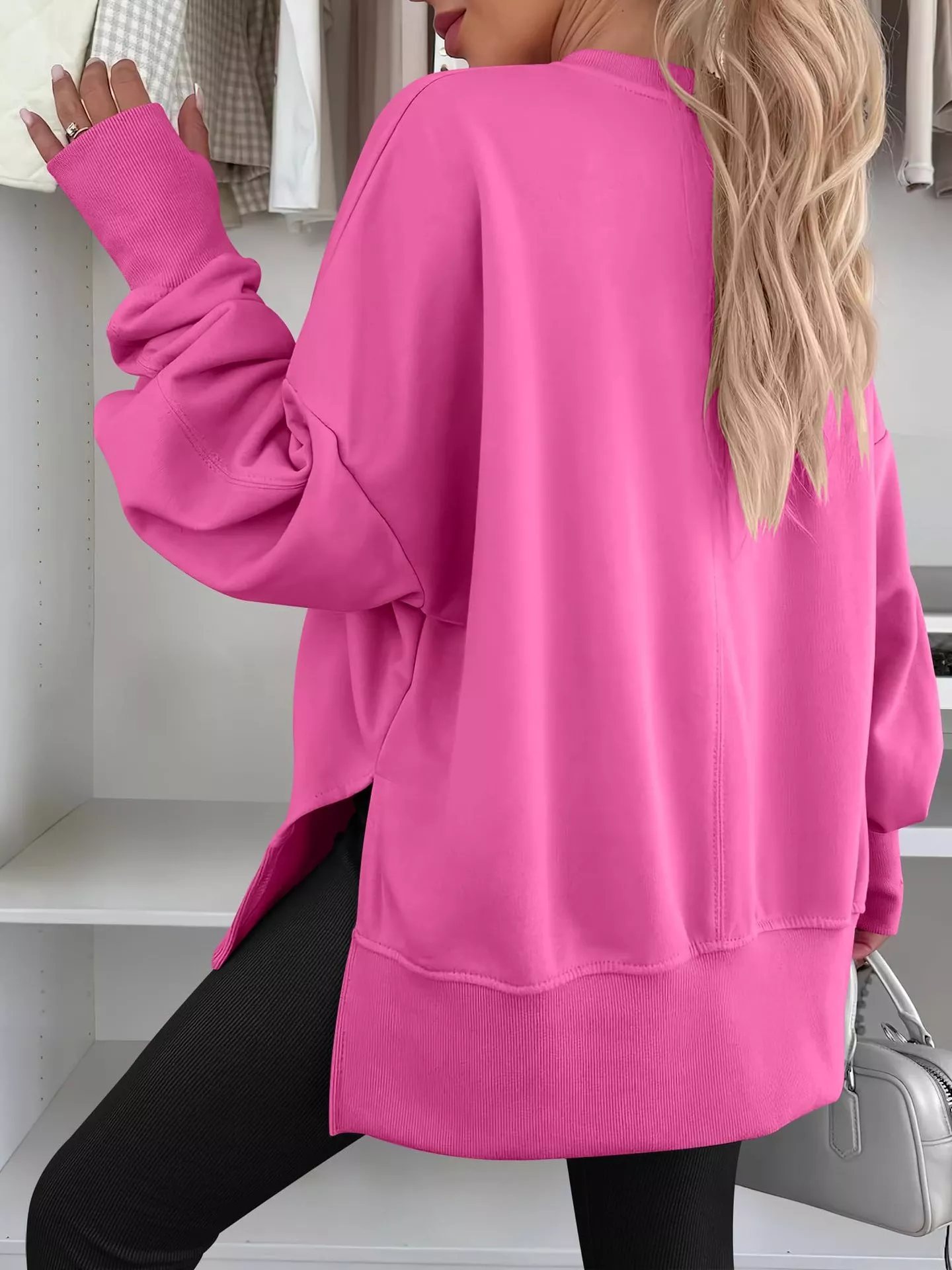 Side Slit Round Neck Long Sleeve Sweatshirt - Image 36