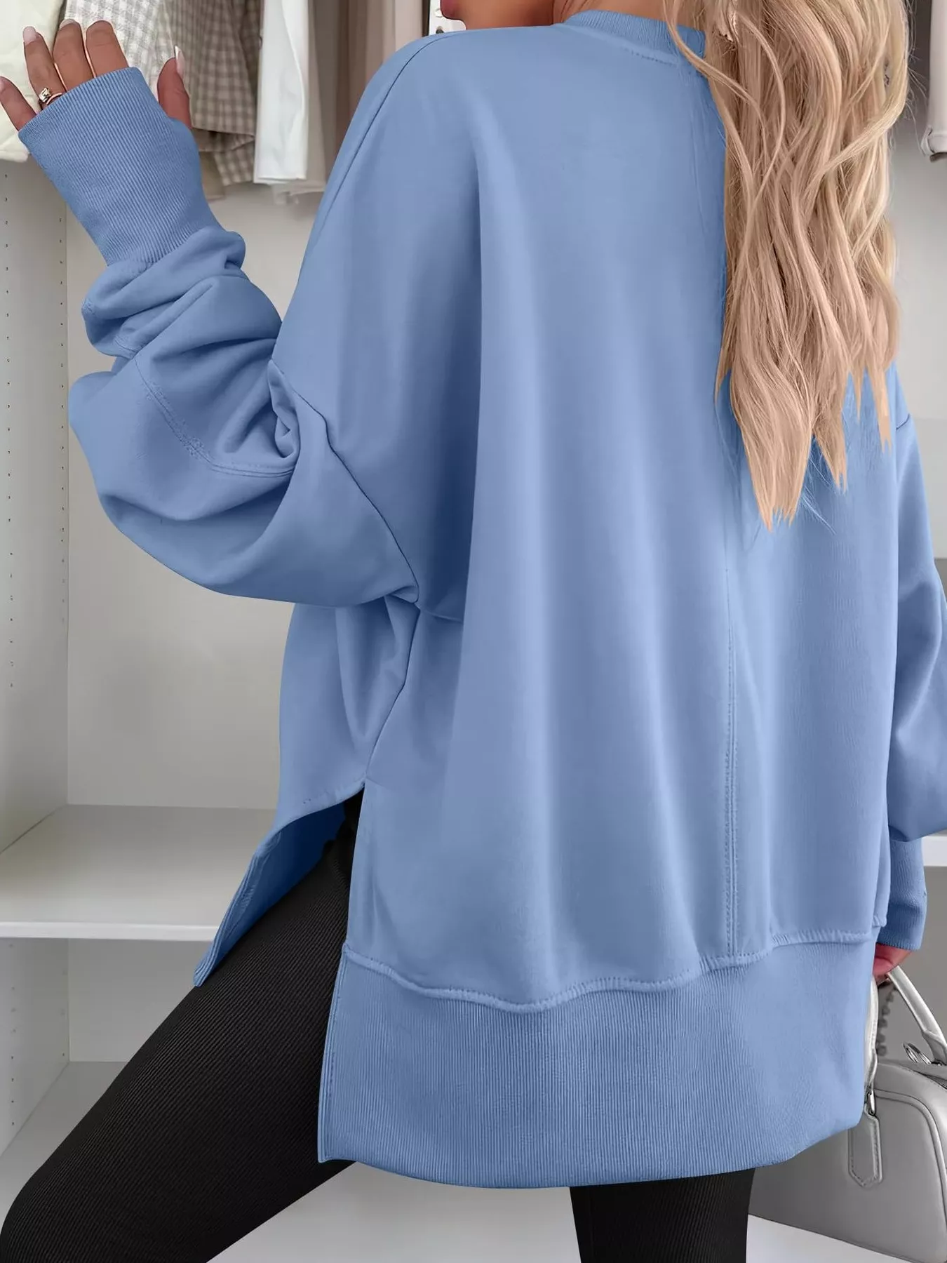 Side Slit Round Neck Long Sleeve Sweatshirt - Image 4