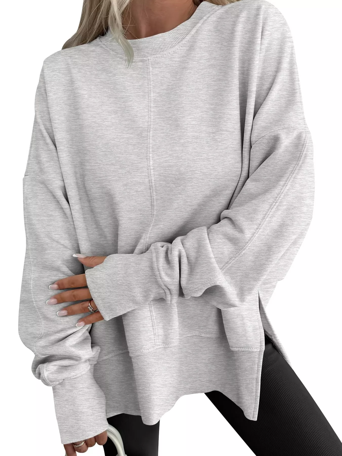 Side Slit Round Neck Long Sleeve Sweatshirt - Image 6