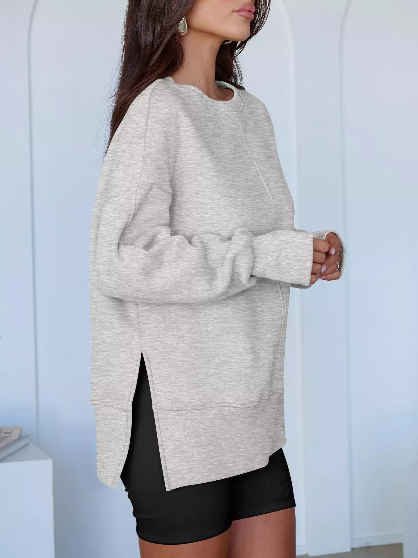 Side Slit Round Neck Long Sleeve Sweatshirt - Image 8