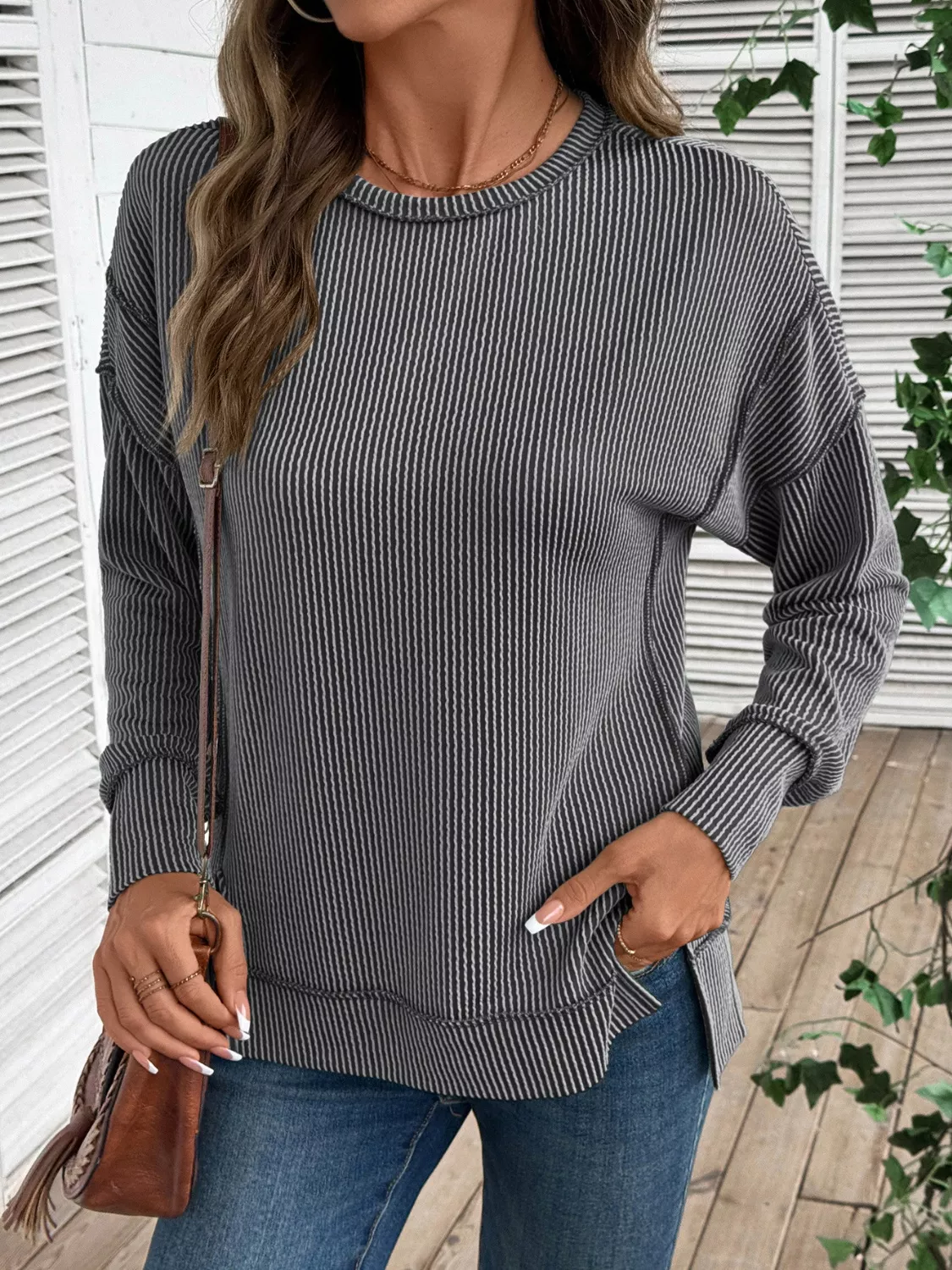 Side Slit Round Neck Sweatshirt - Image 5