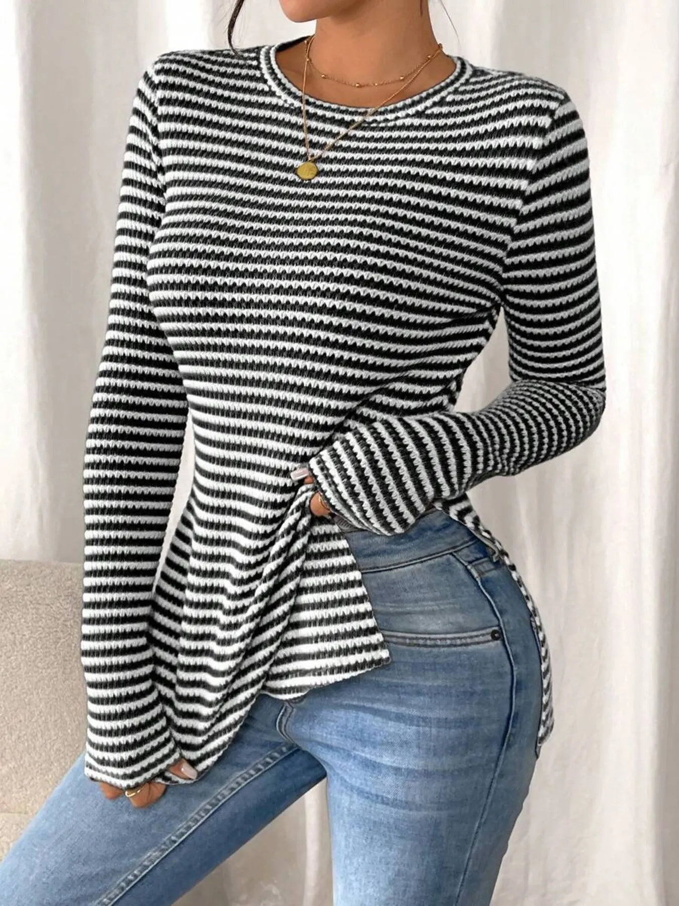 Side Slit Striped Long Sleeve T-Shirt - Image 12