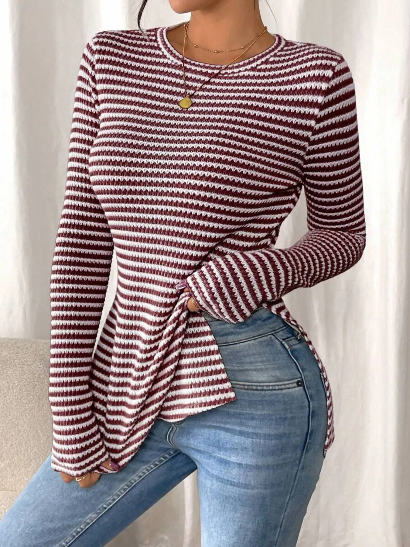 Side Slit Striped Long Sleeve T-Shirt - Image 20