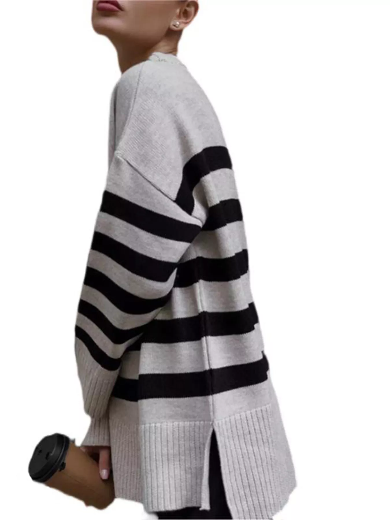 Side Slit Striped Oversized Knit Sweater - Image 2