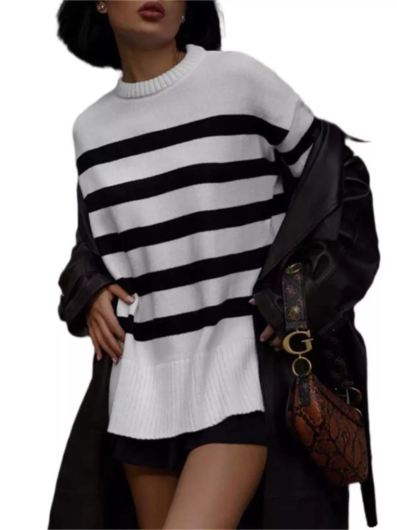 Side Slit Striped Oversized Knit Sweater - Image 3