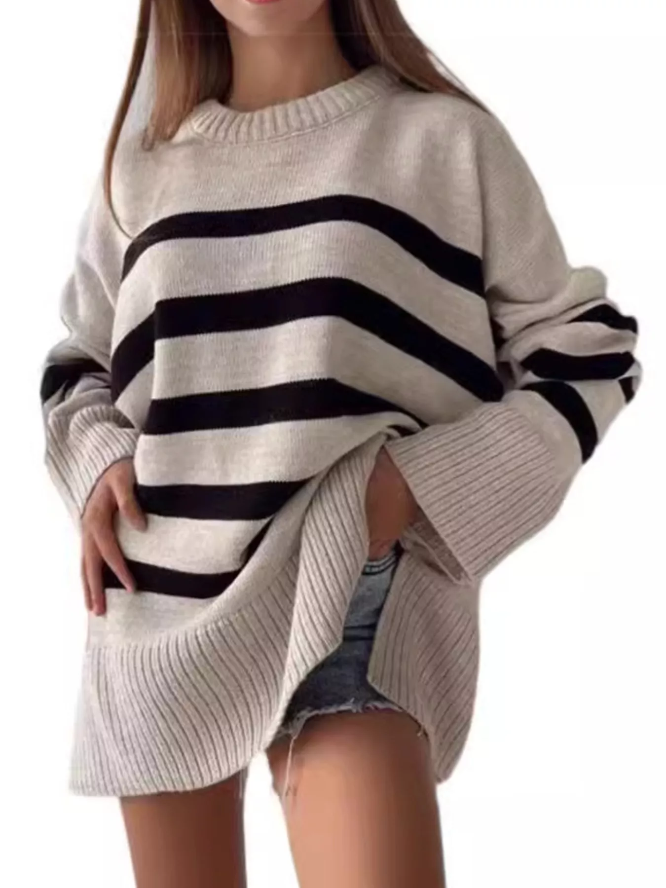 Side Slit Striped Oversized Knit Sweater - Image 4