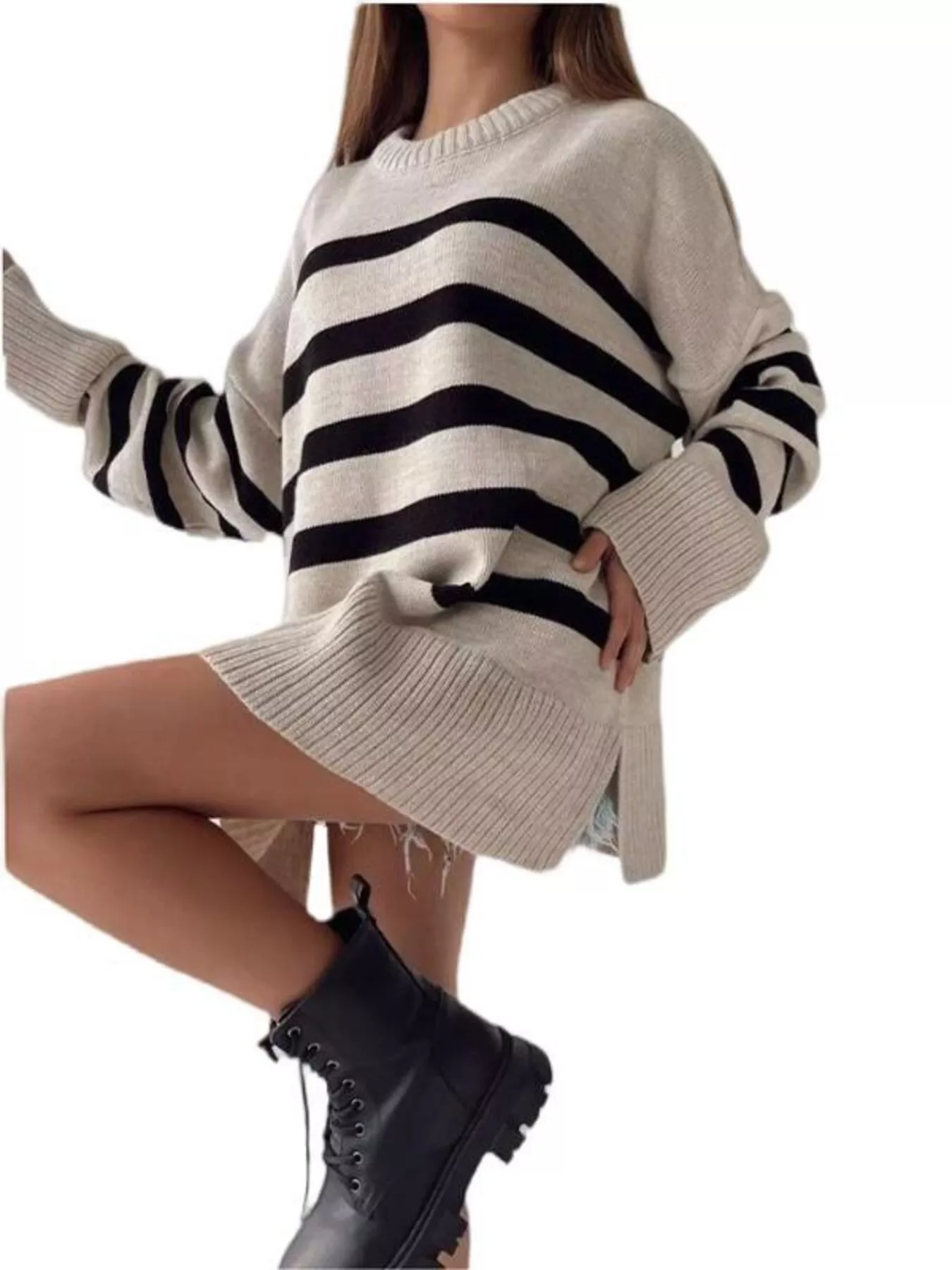 Side Slit Striped Oversized Knit Sweater - Image 5