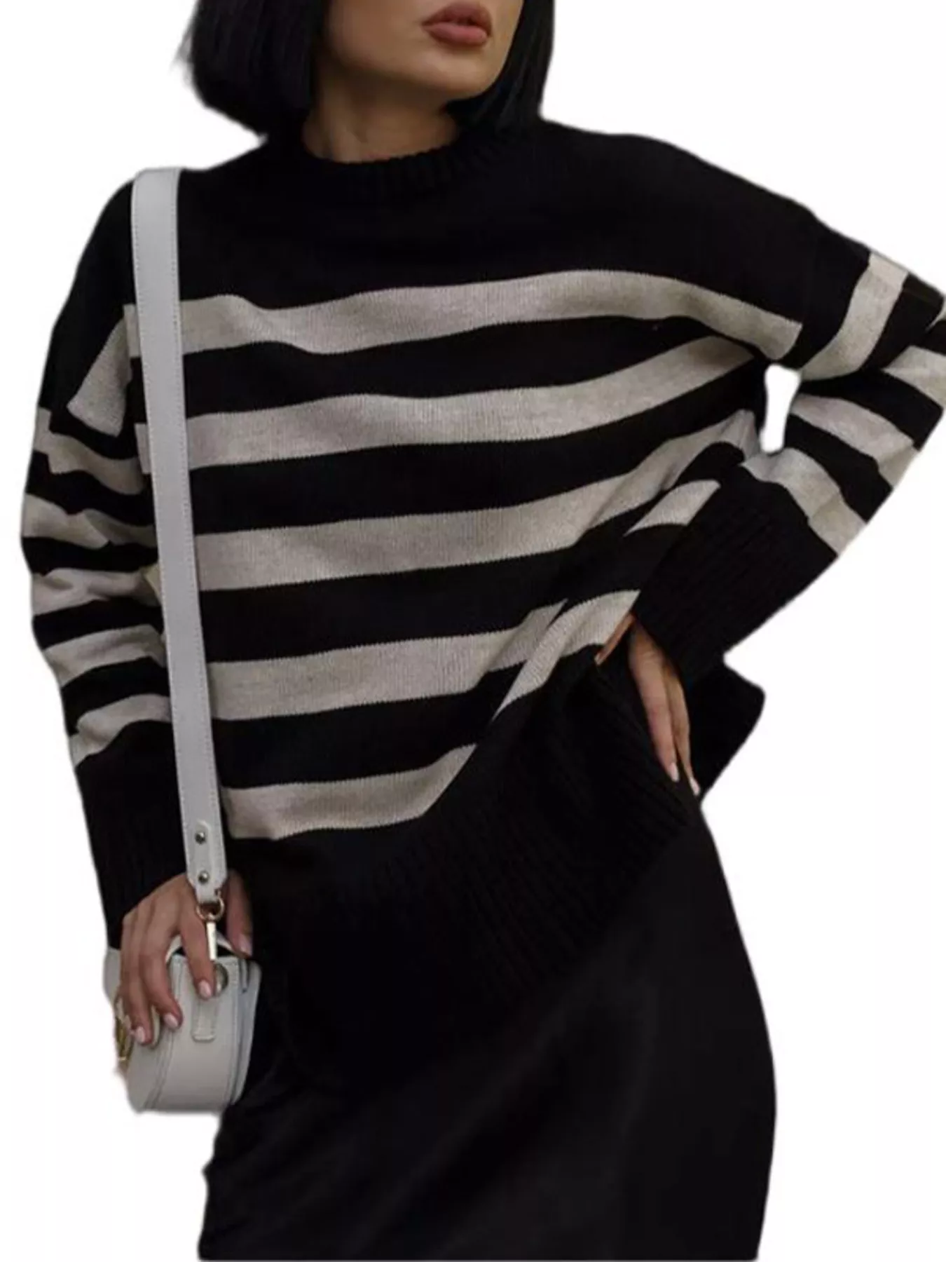 Side Slit Striped Oversized Knit Sweater - Image 7