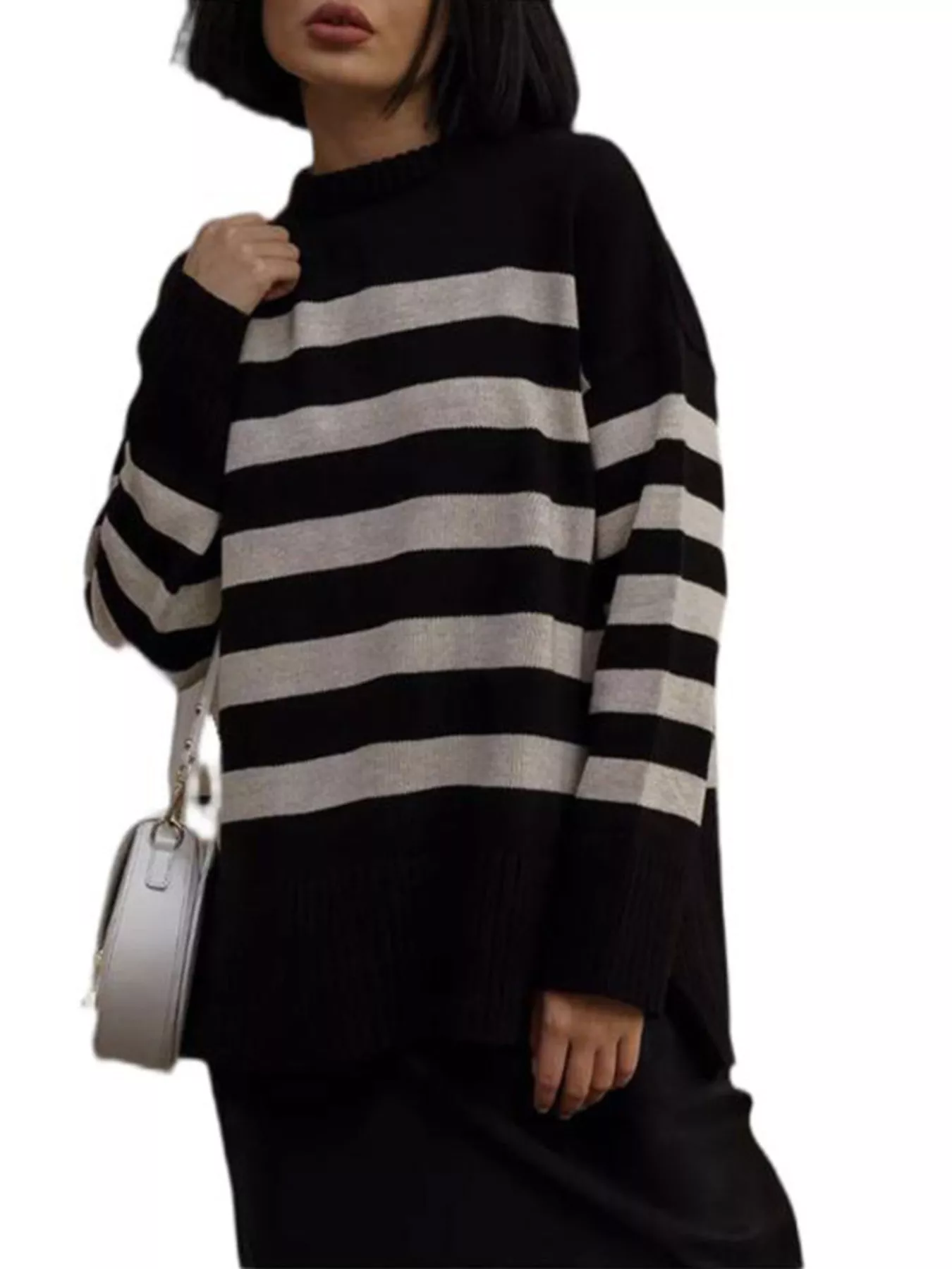 Side Slit Striped Oversized Knit Sweater - Image 8