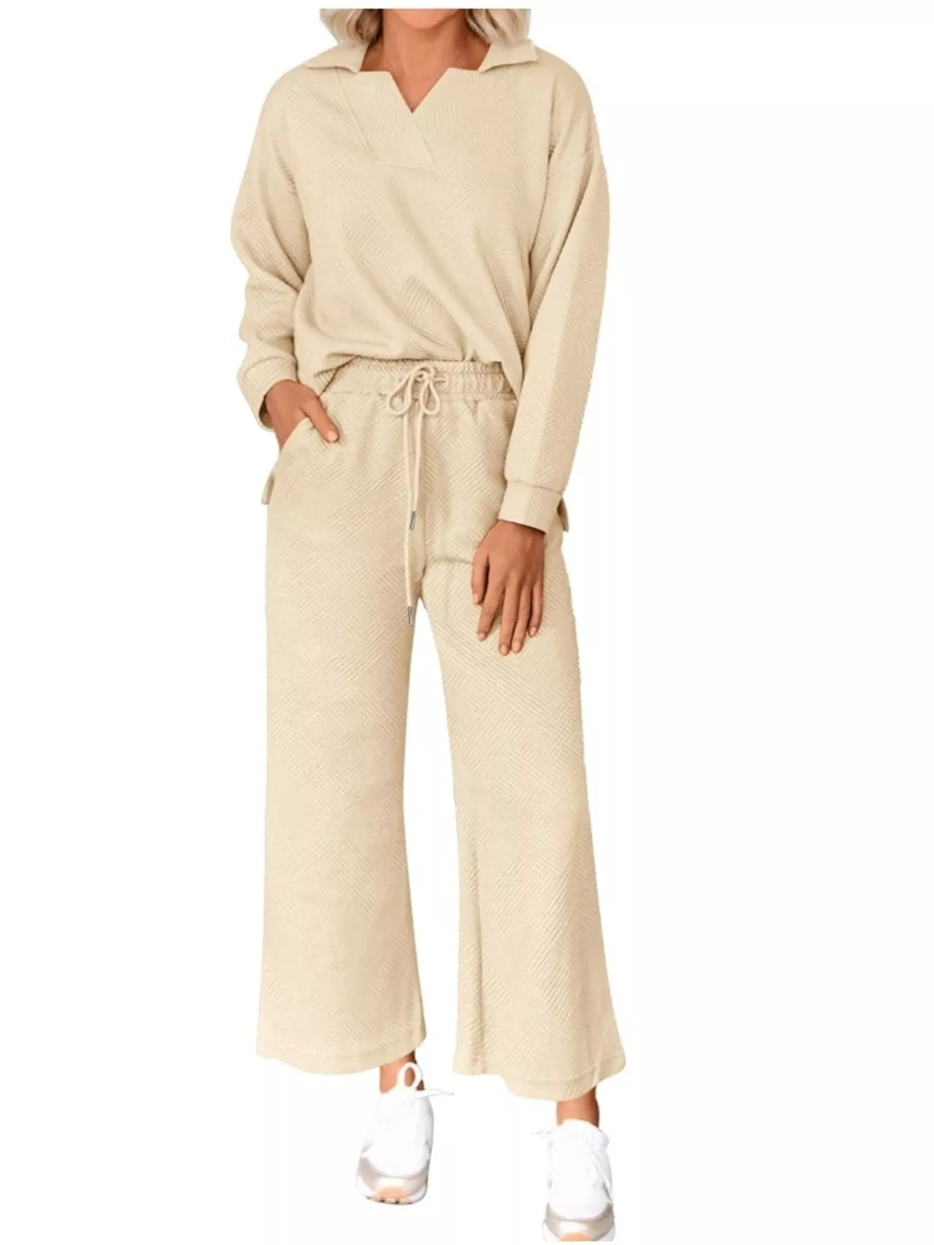 Side Slit Textured Top and Drawstring Pants Set - Image 3