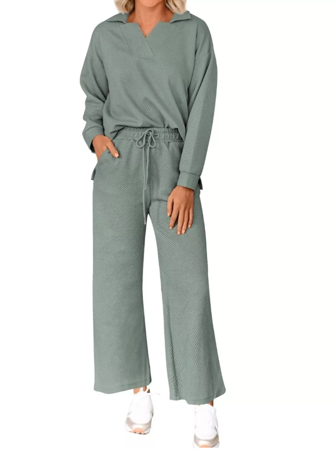 Side Slit Textured Top and Drawstring Pants Set - Image 6