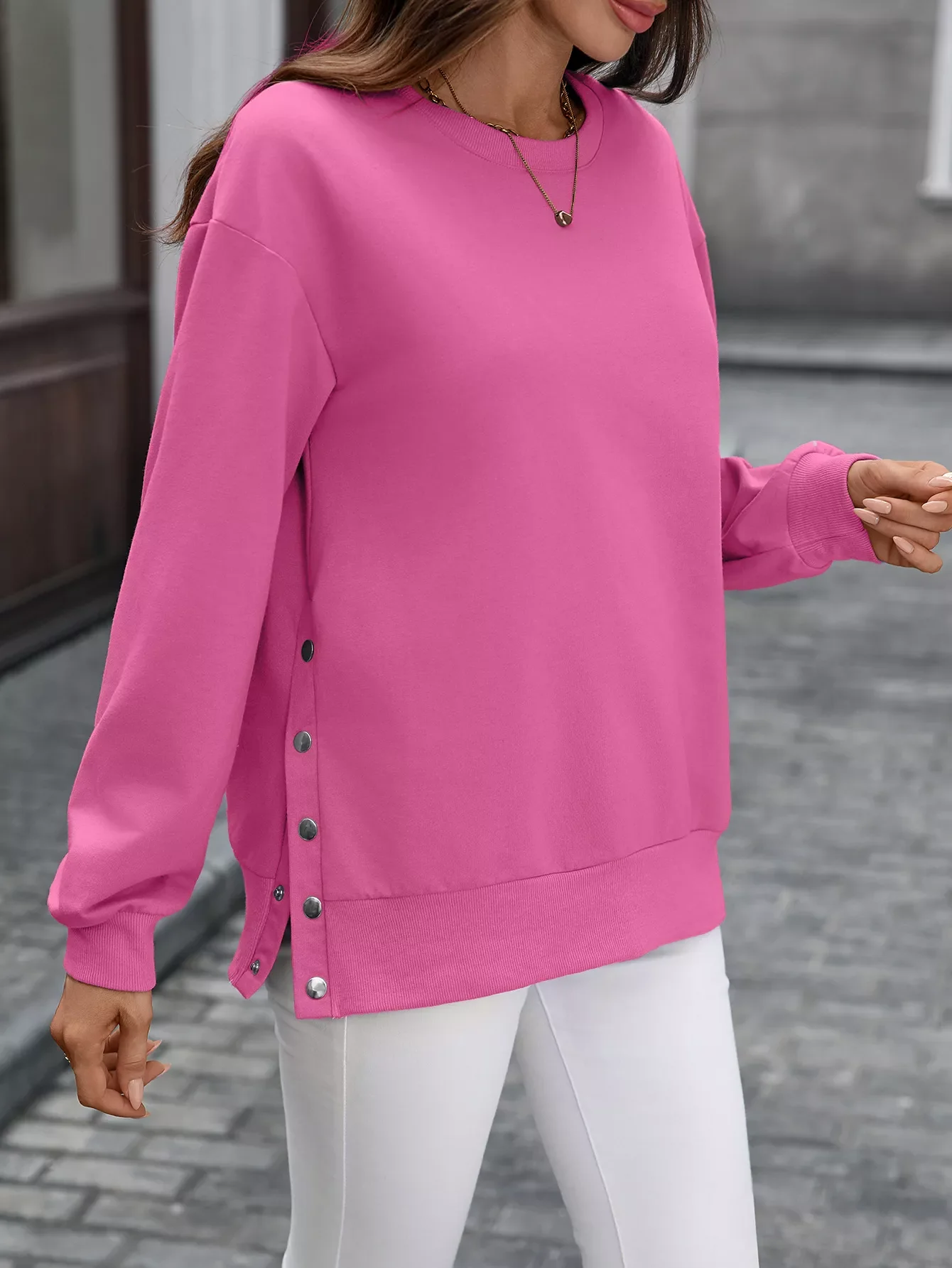 Side Snap Round Neck Sweatshirt - Image 11