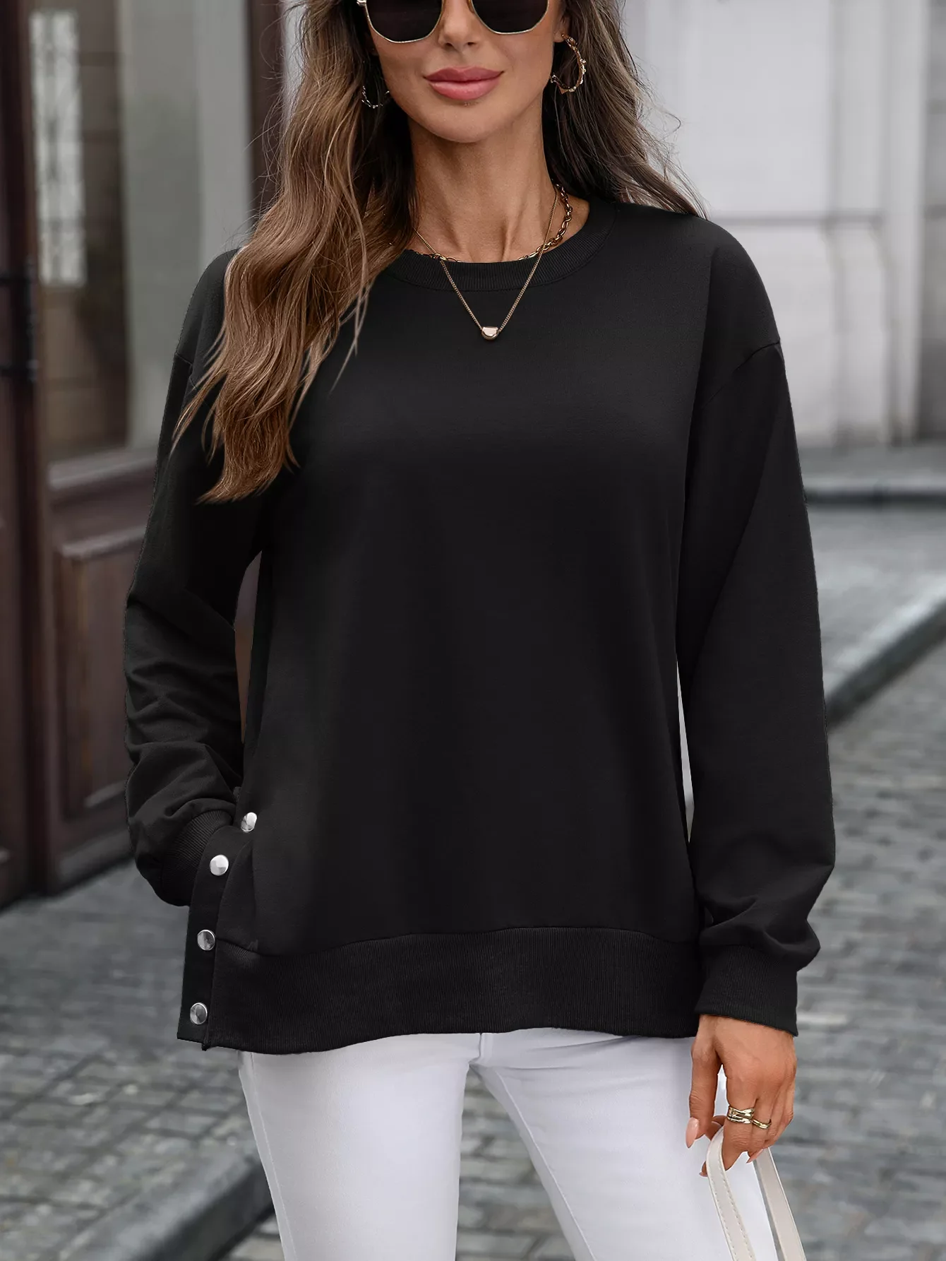 Side Snap Round Neck Sweatshirt - Image 13