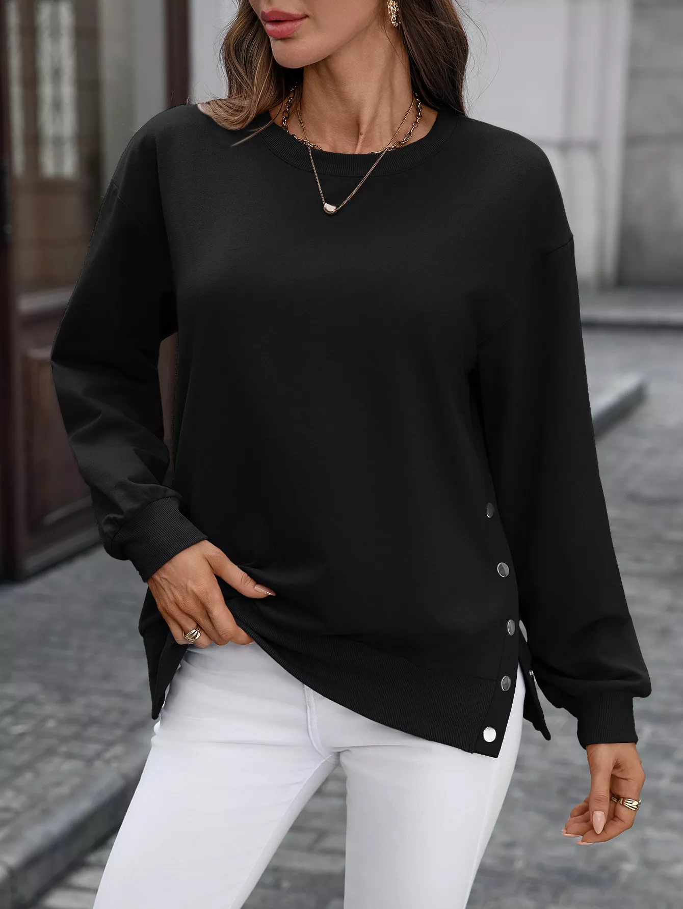 Side Snap Round Neck Sweatshirt - Image 14