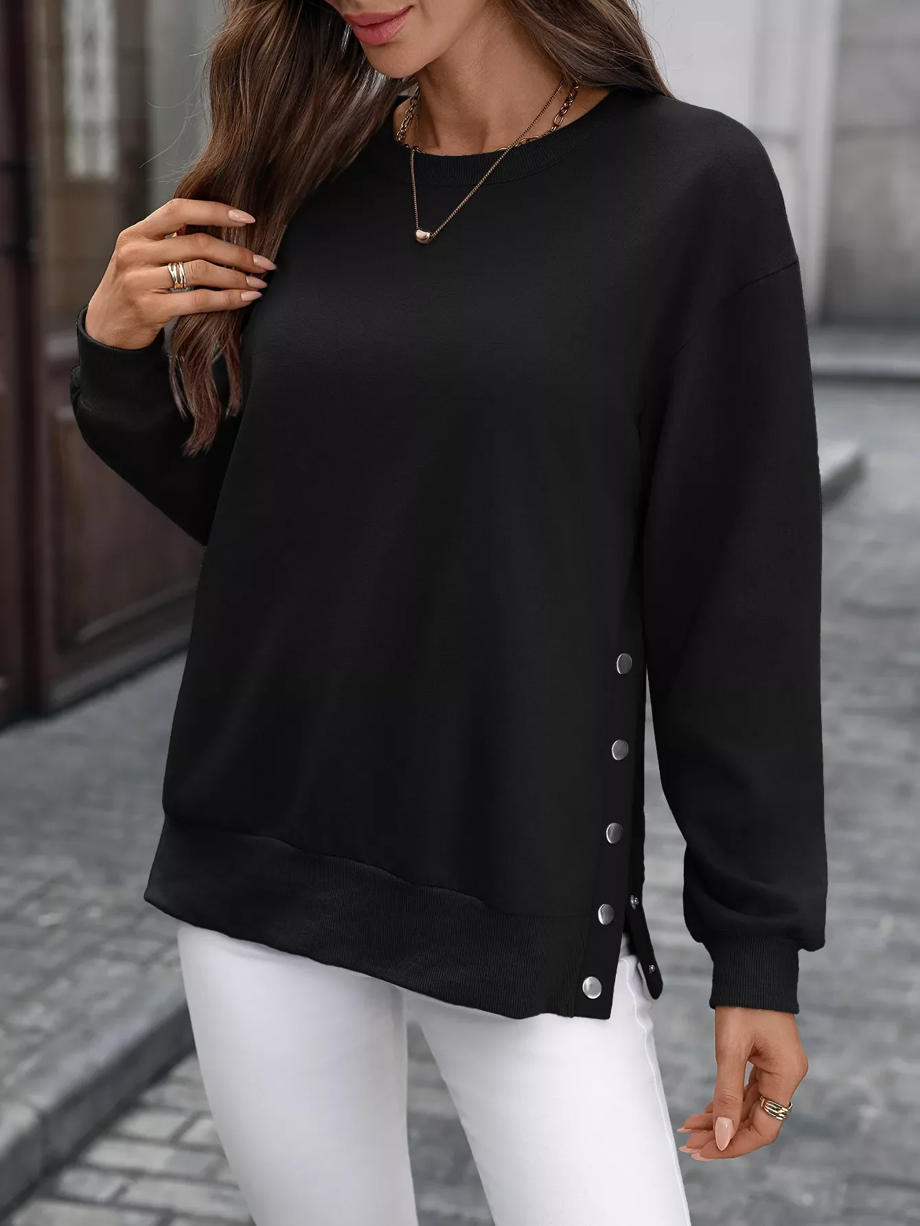 Side Snap Round Neck Sweatshirt - Image 15