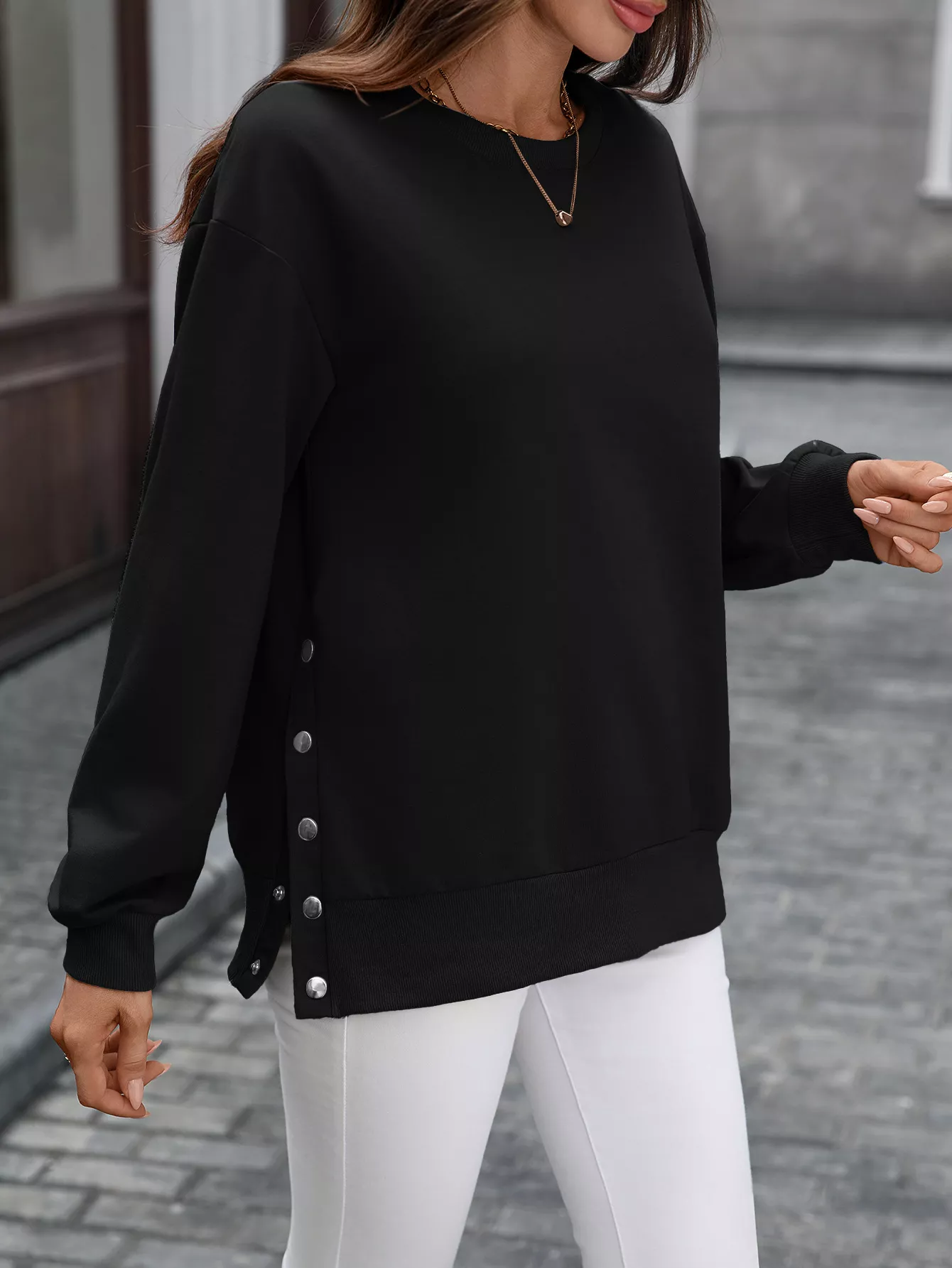 Side Snap Round Neck Sweatshirt - Image 17