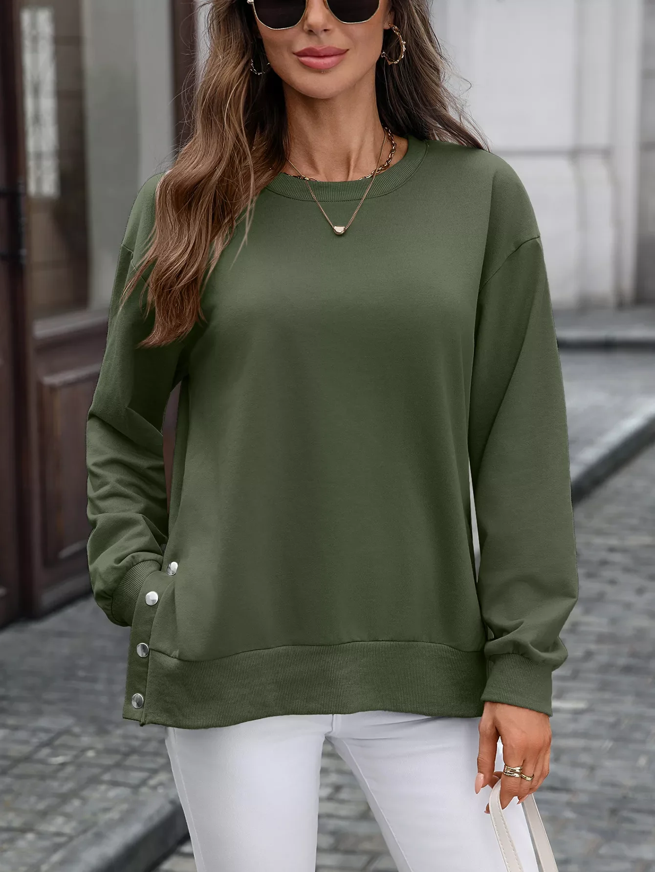 Side Snap Round Neck Sweatshirt - Image 21