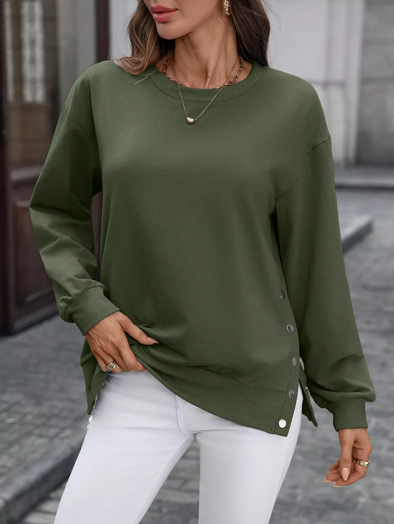 Side Snap Round Neck Sweatshirt - Image 22