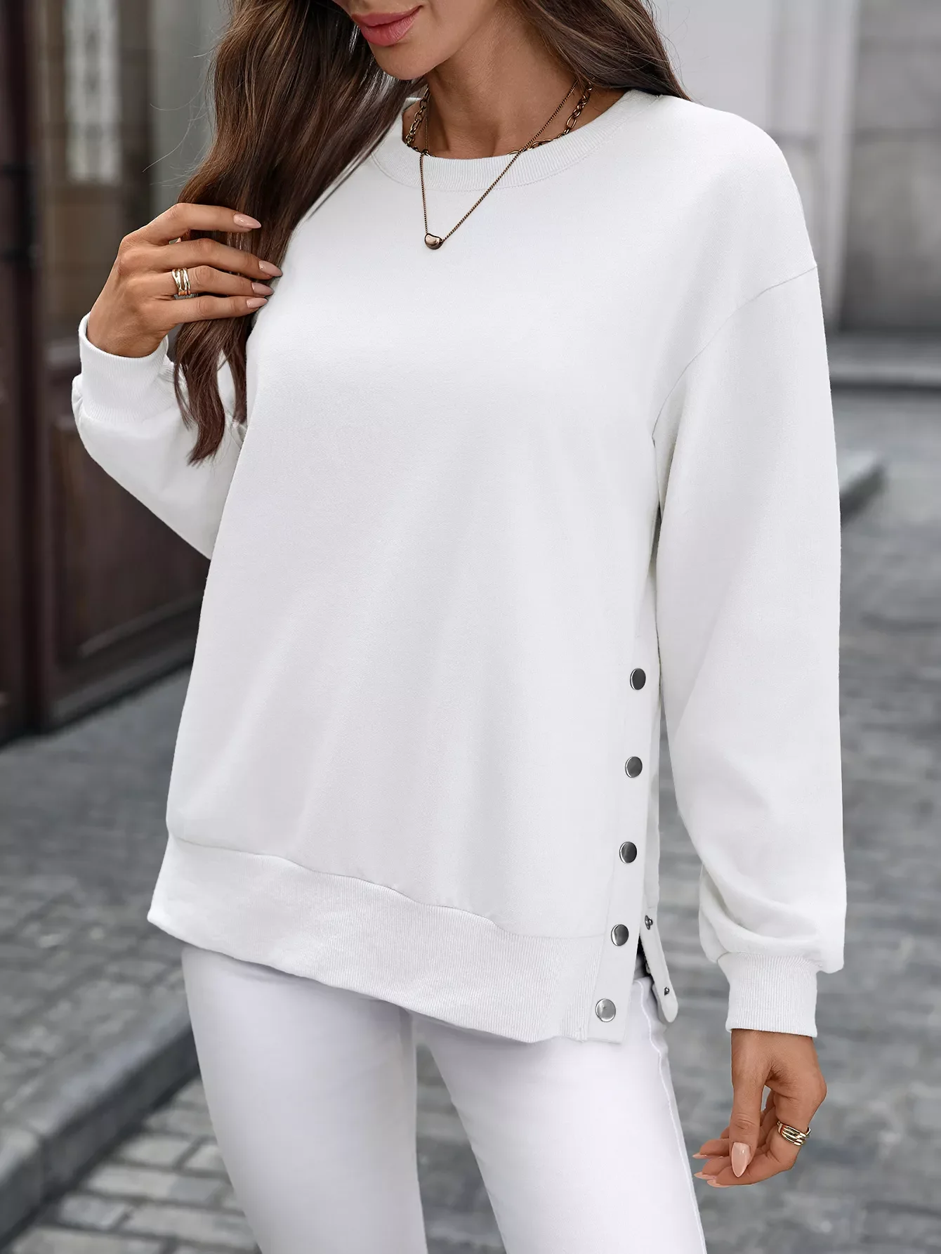 Side Snap Round Neck Sweatshirt - Image 26