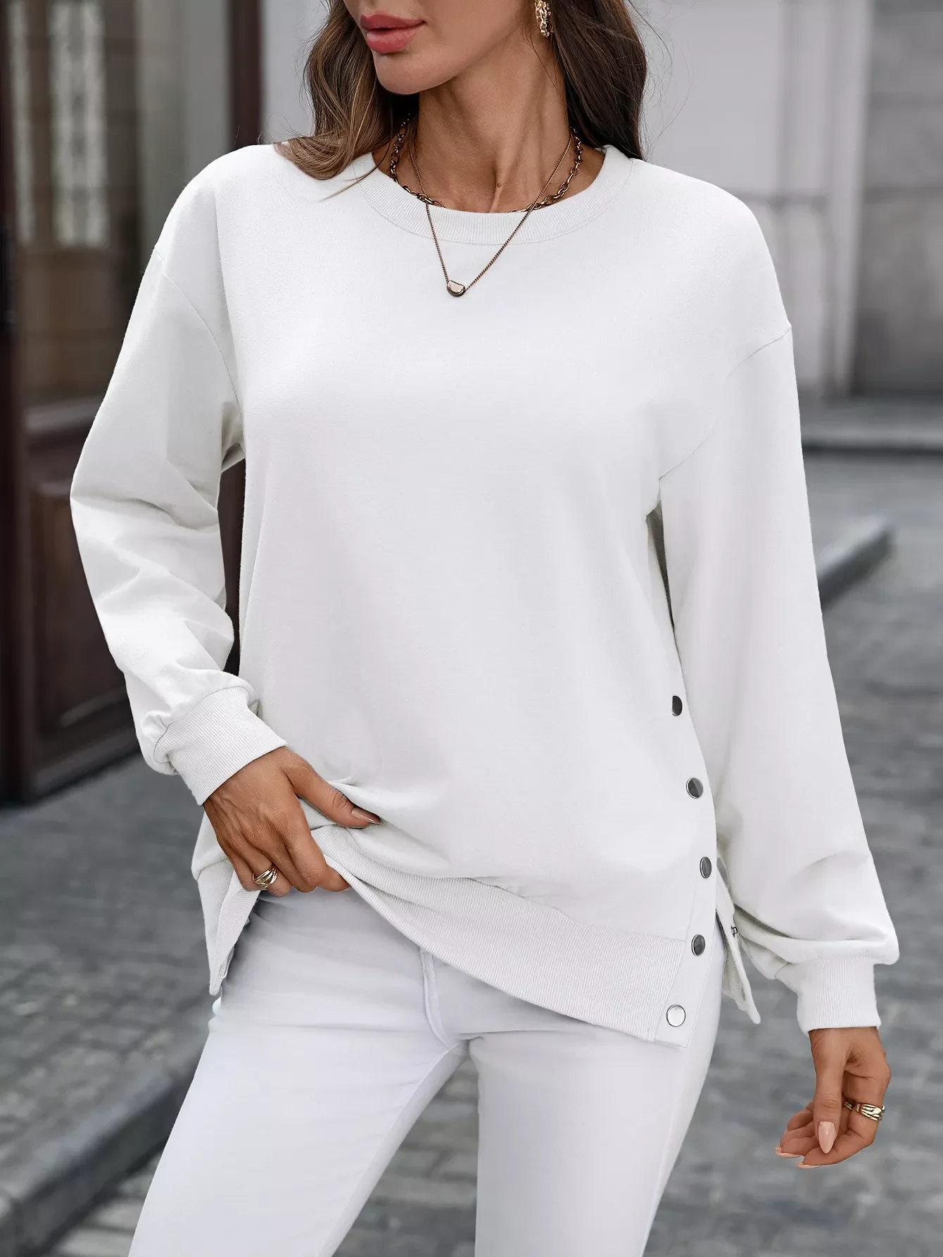 Side Snap Round Neck Sweatshirt - Image 27