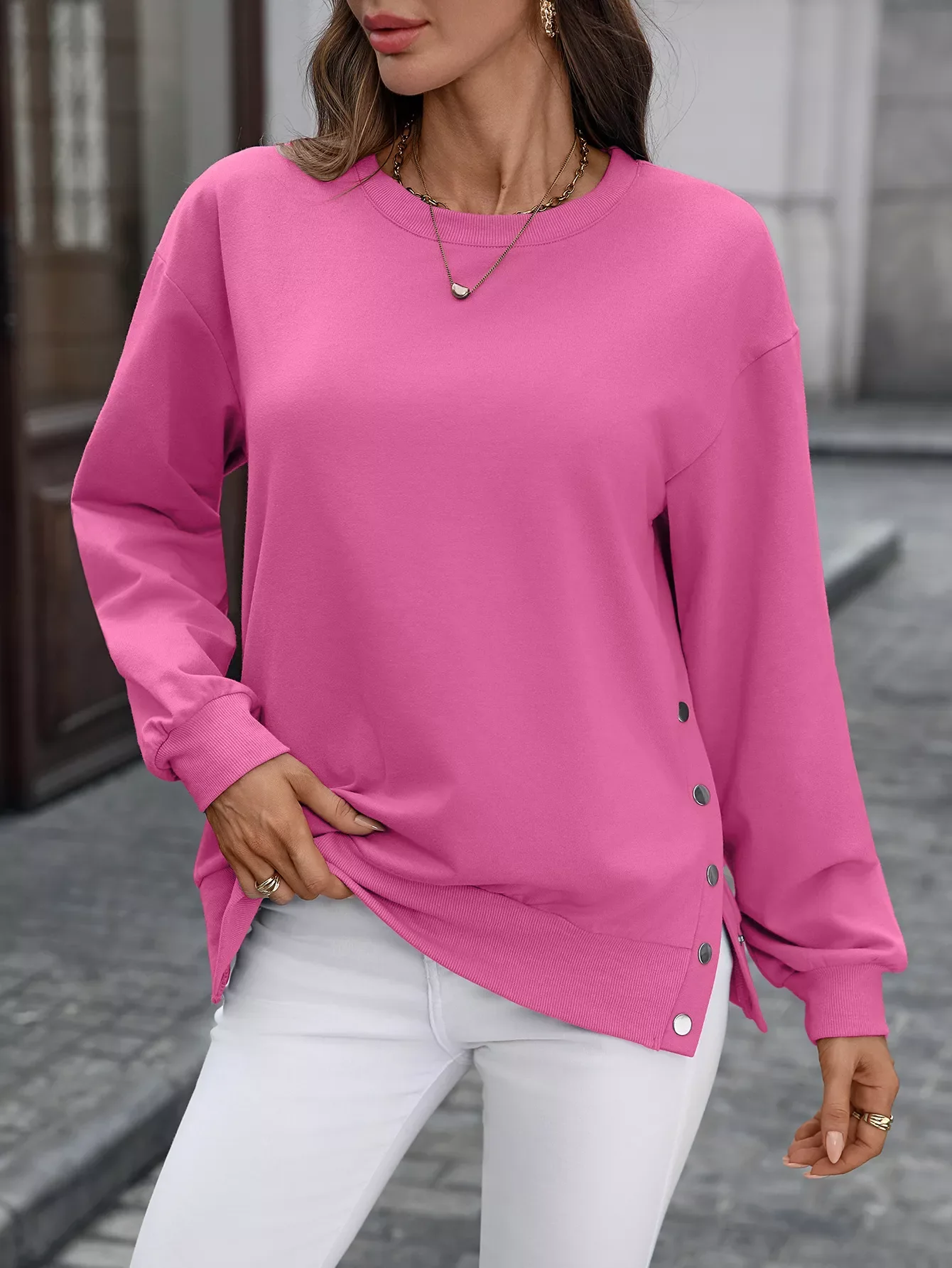 Side Snap Round Neck Sweatshirt - Image 9