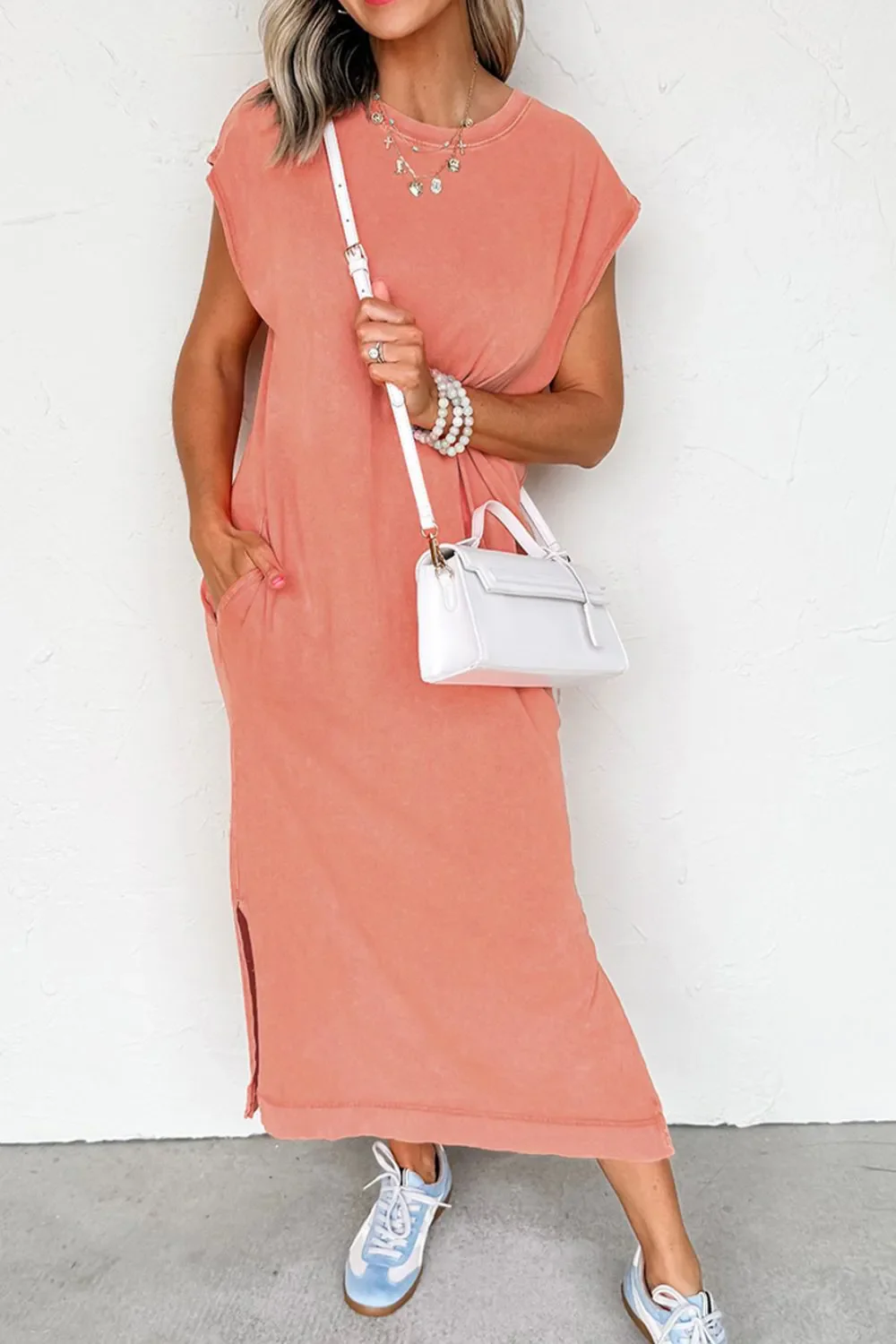 Side Split Round Neck Cap Sleeve T-Shirt Dress - Image 8