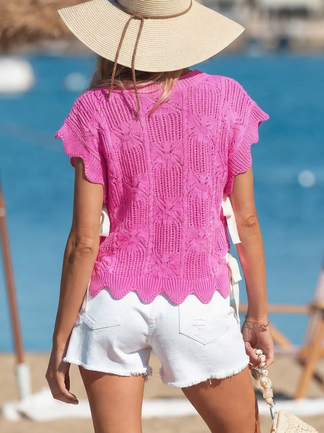 Side Tie Openwork Round Neck Sweater Vest - Image 2