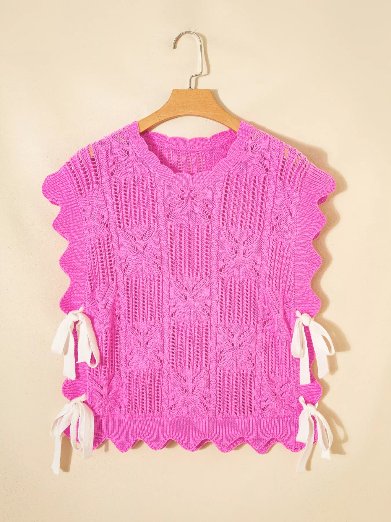 Side Tie Openwork Round Neck Sweater Vest - Image 8