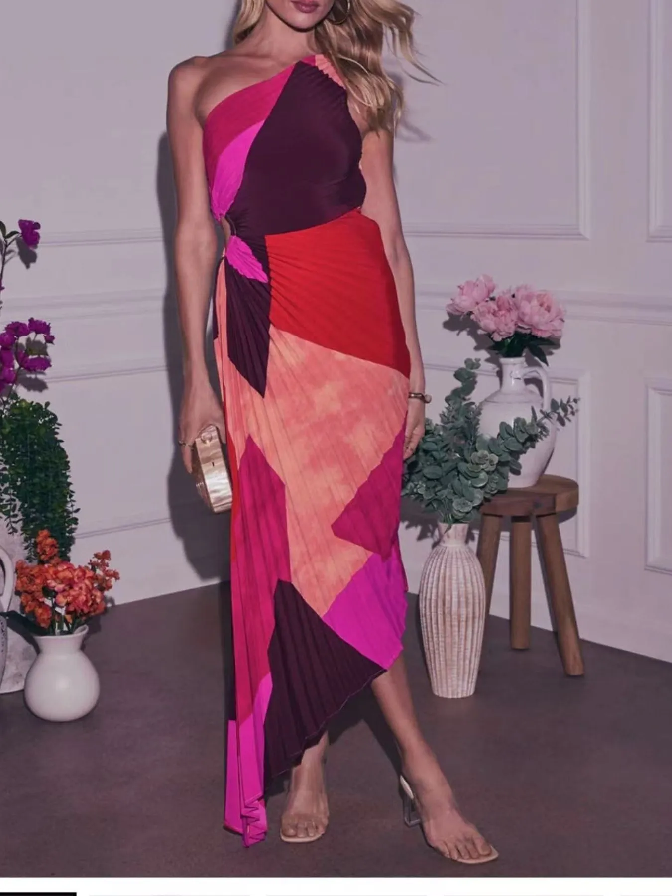 Single Shoulder Floral Pleated Dress - Image 11