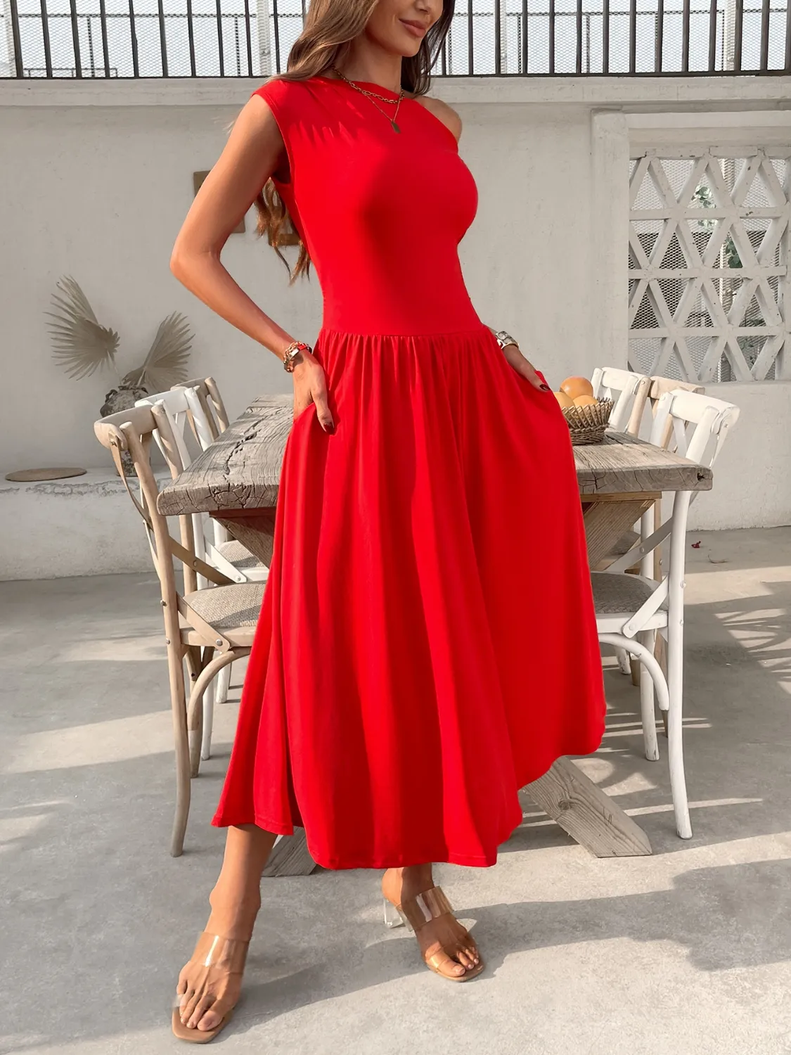 Single Shoulder Midi Dress with Pockets - Image 3