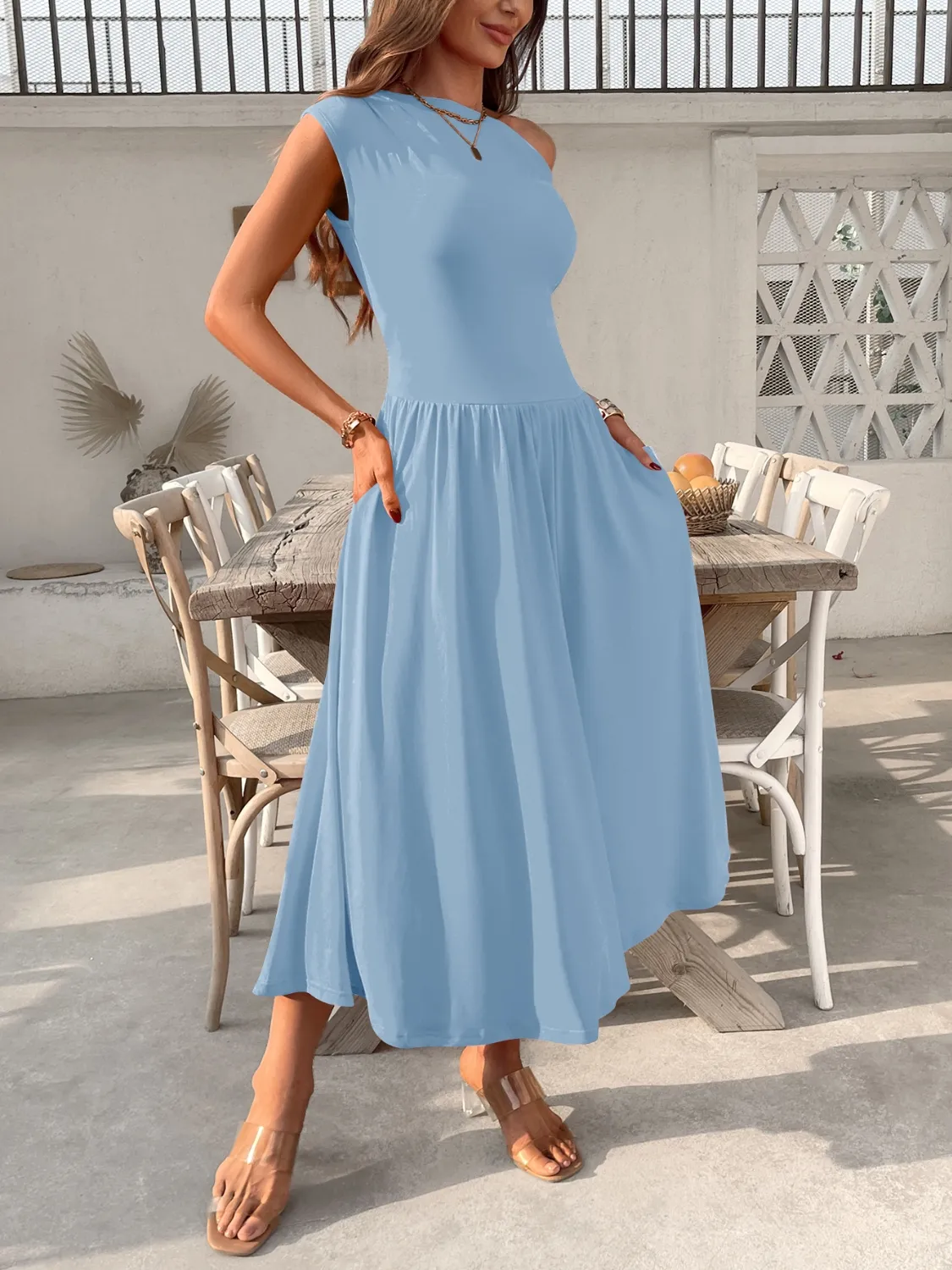 Single Shoulder Midi Dress with Pockets - Image 9
