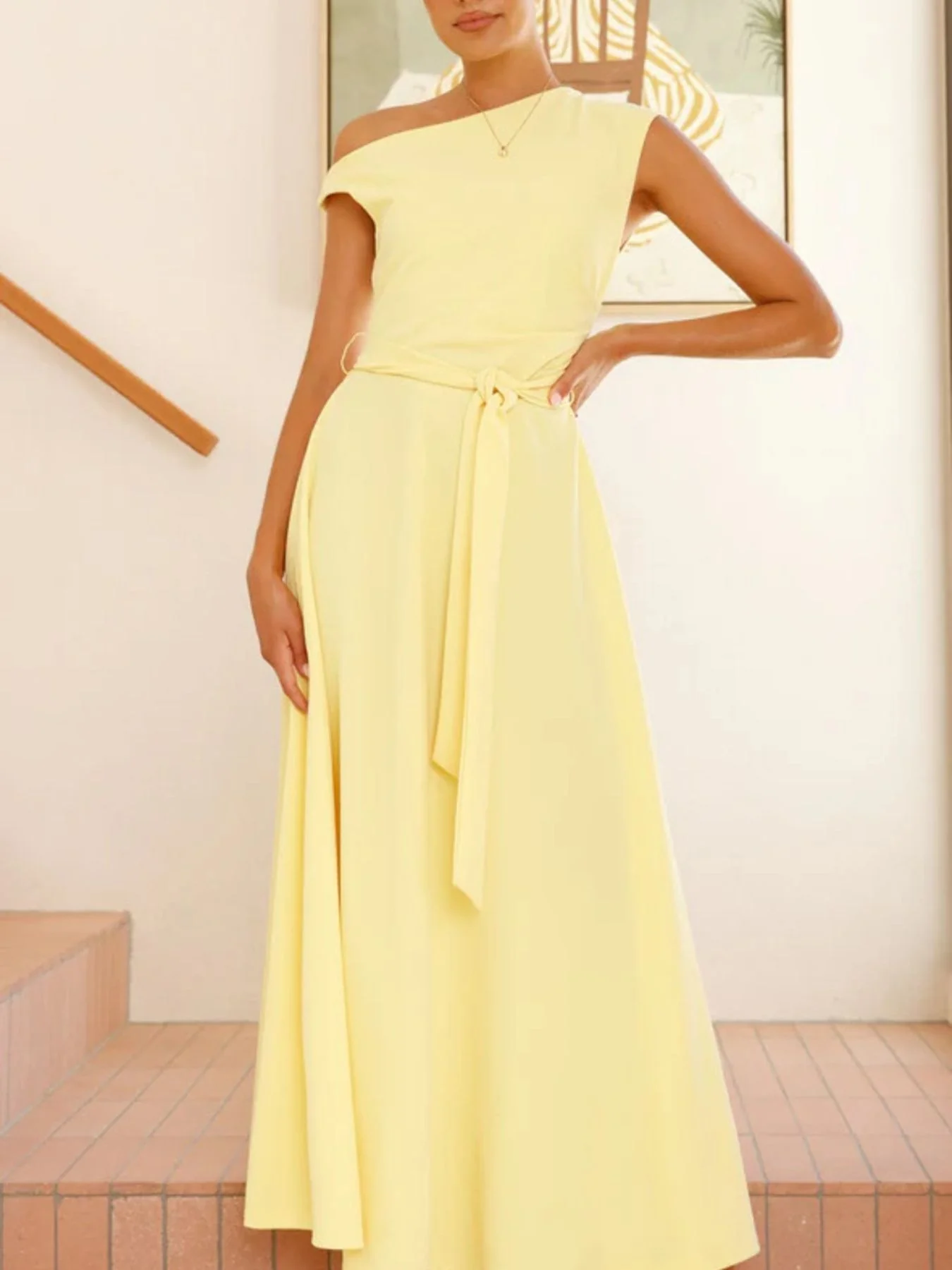 Single Shoulder Tie Waist Maxi Dress - Image 12