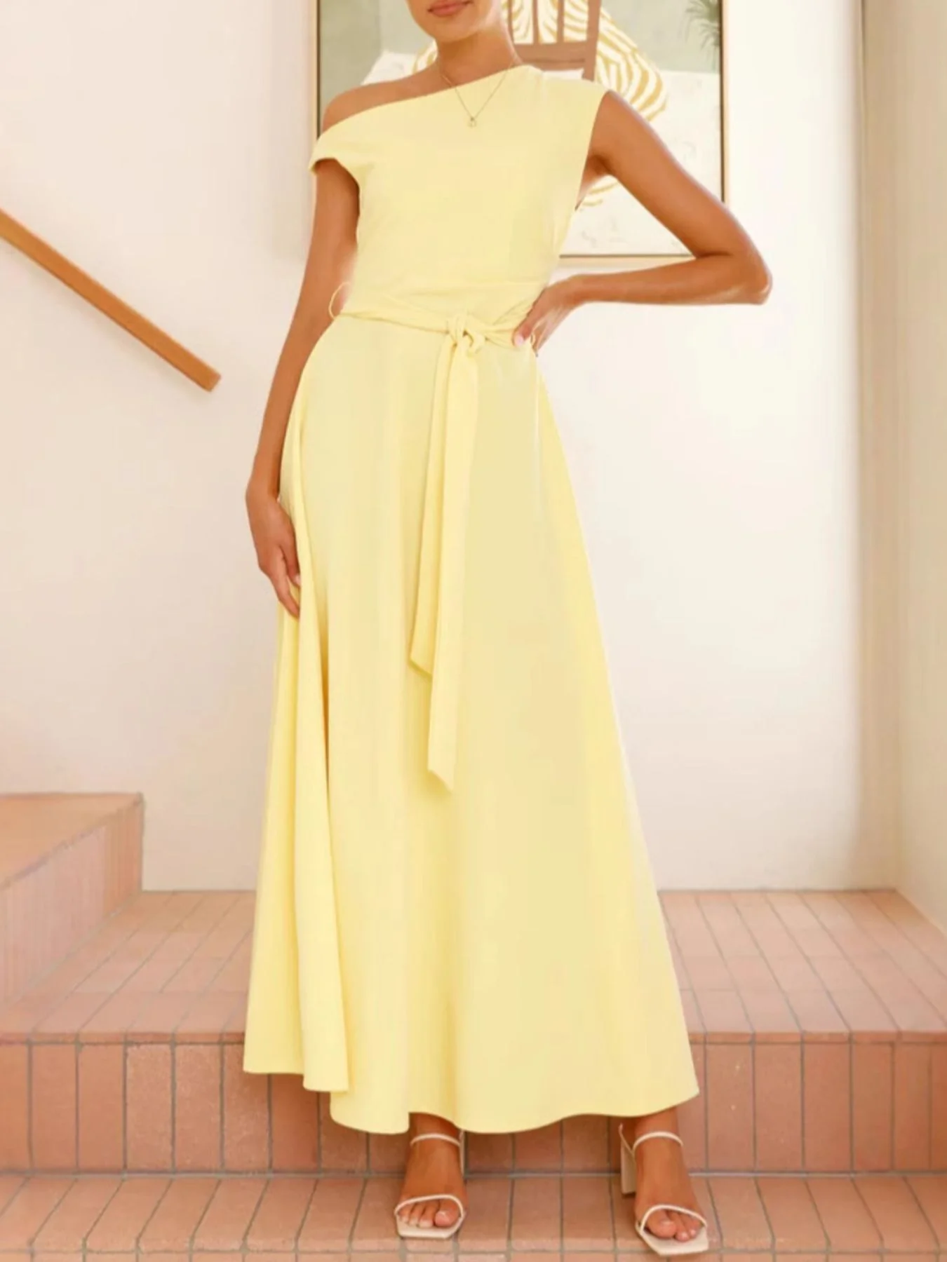 Single Shoulder Tie Waist Maxi Dress - Image 13