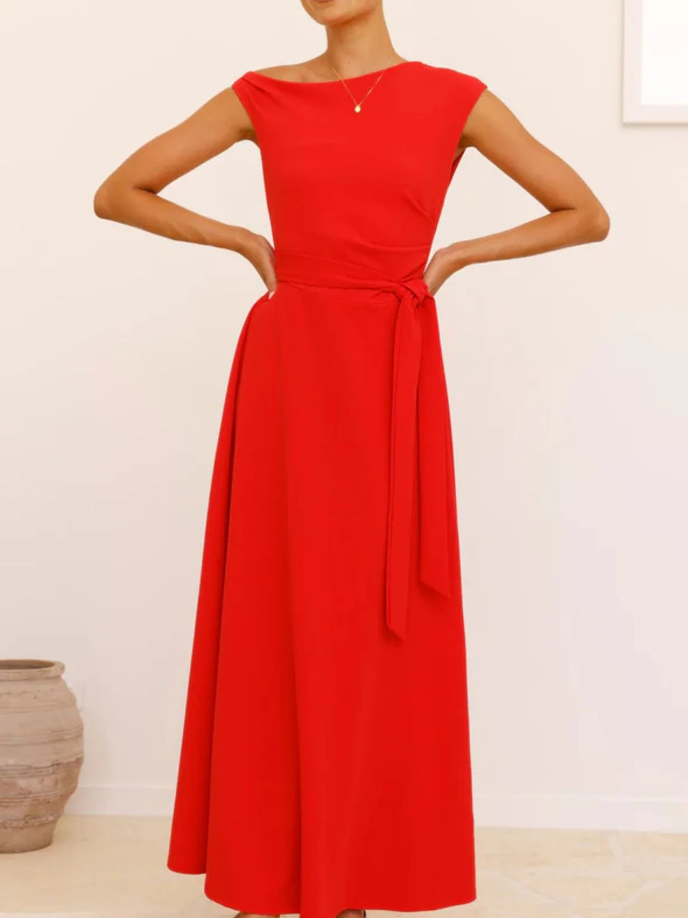 Single Shoulder Tie Waist Maxi Dress - Image 14