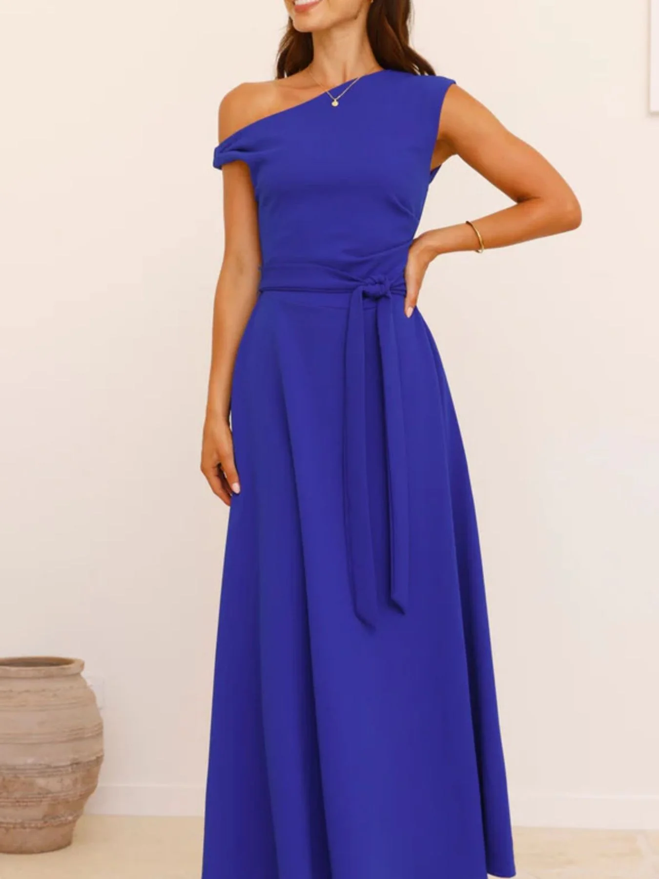 Single Shoulder Tie Waist Maxi Dress - Image 8