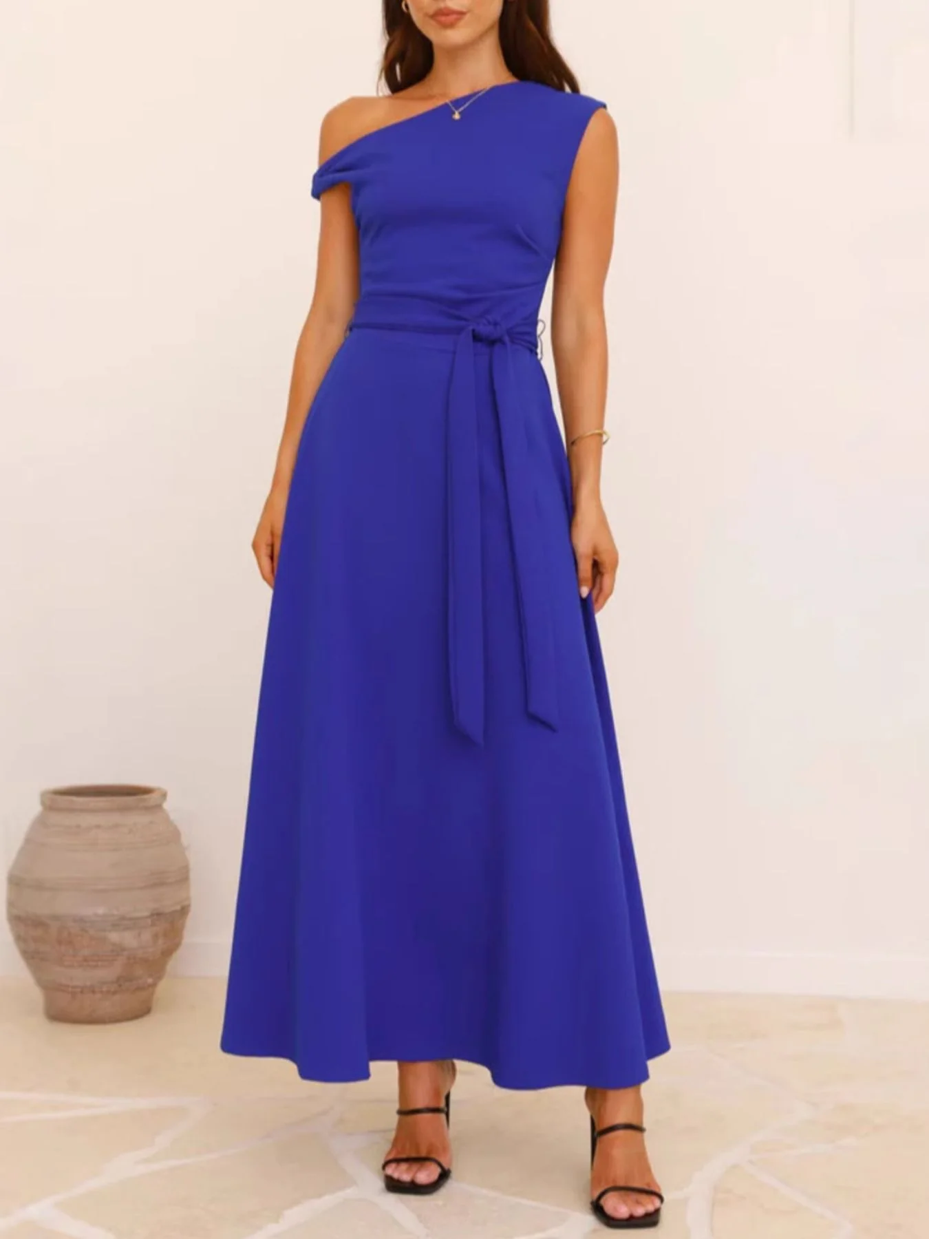 Single Shoulder Tie Waist Maxi Dress - Image 9