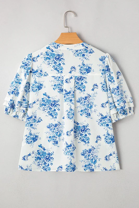 Sky Blue Floral Print Puff Sleeve Pleated Shirt - Image 8