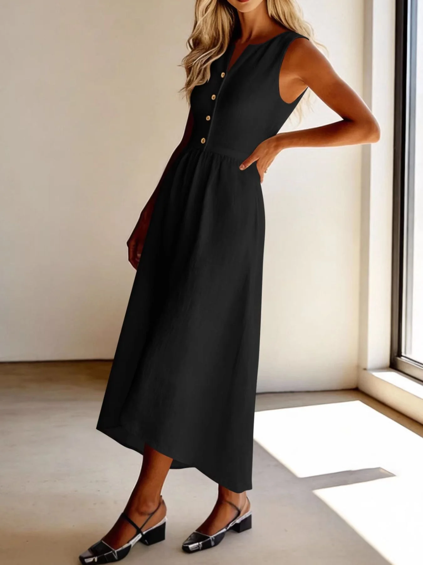 Sleeveless Button Front Flowy Midi Dress - Image 10