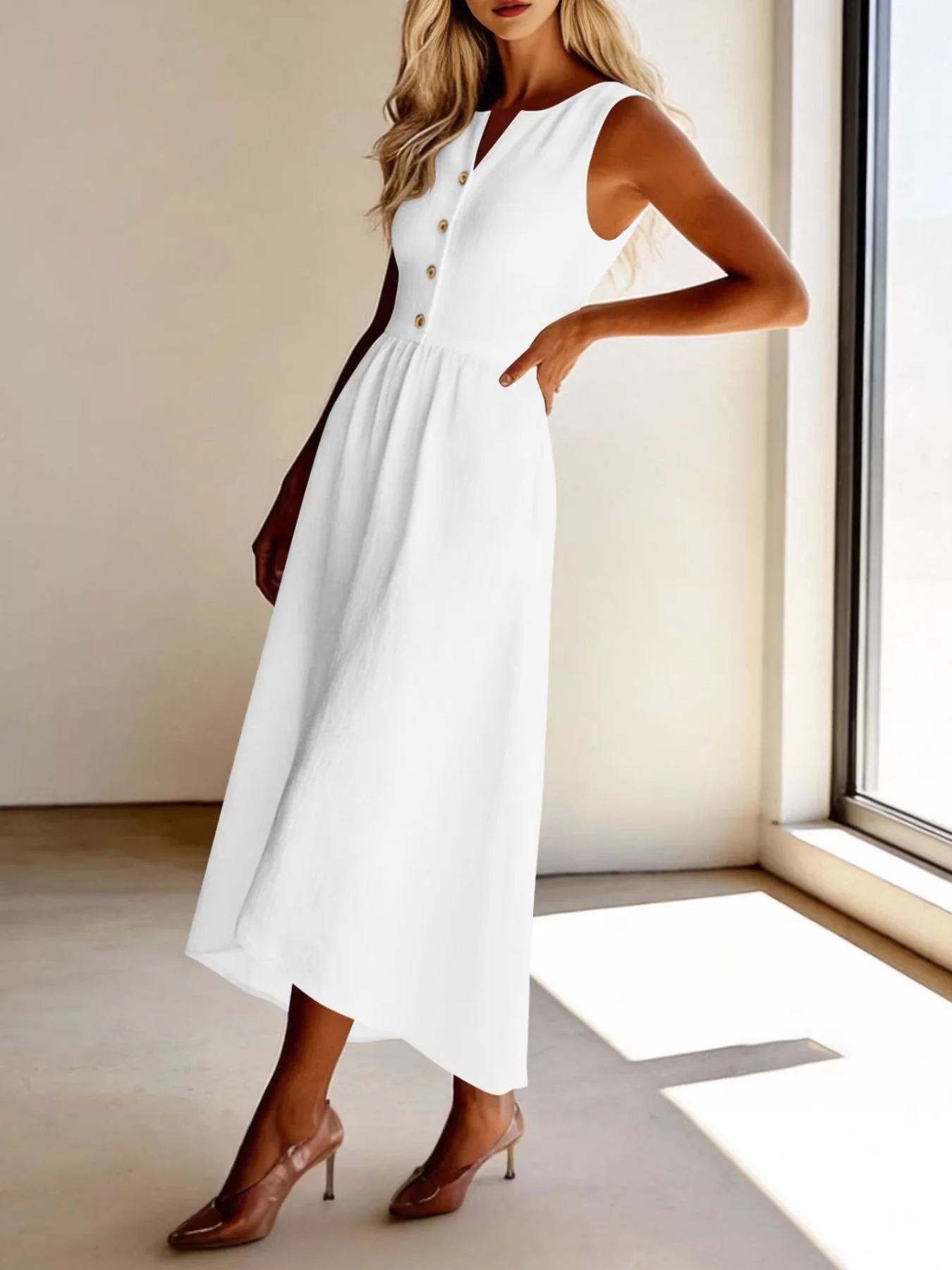 Sleeveless Button Front Flowy Midi Dress - Image 5
