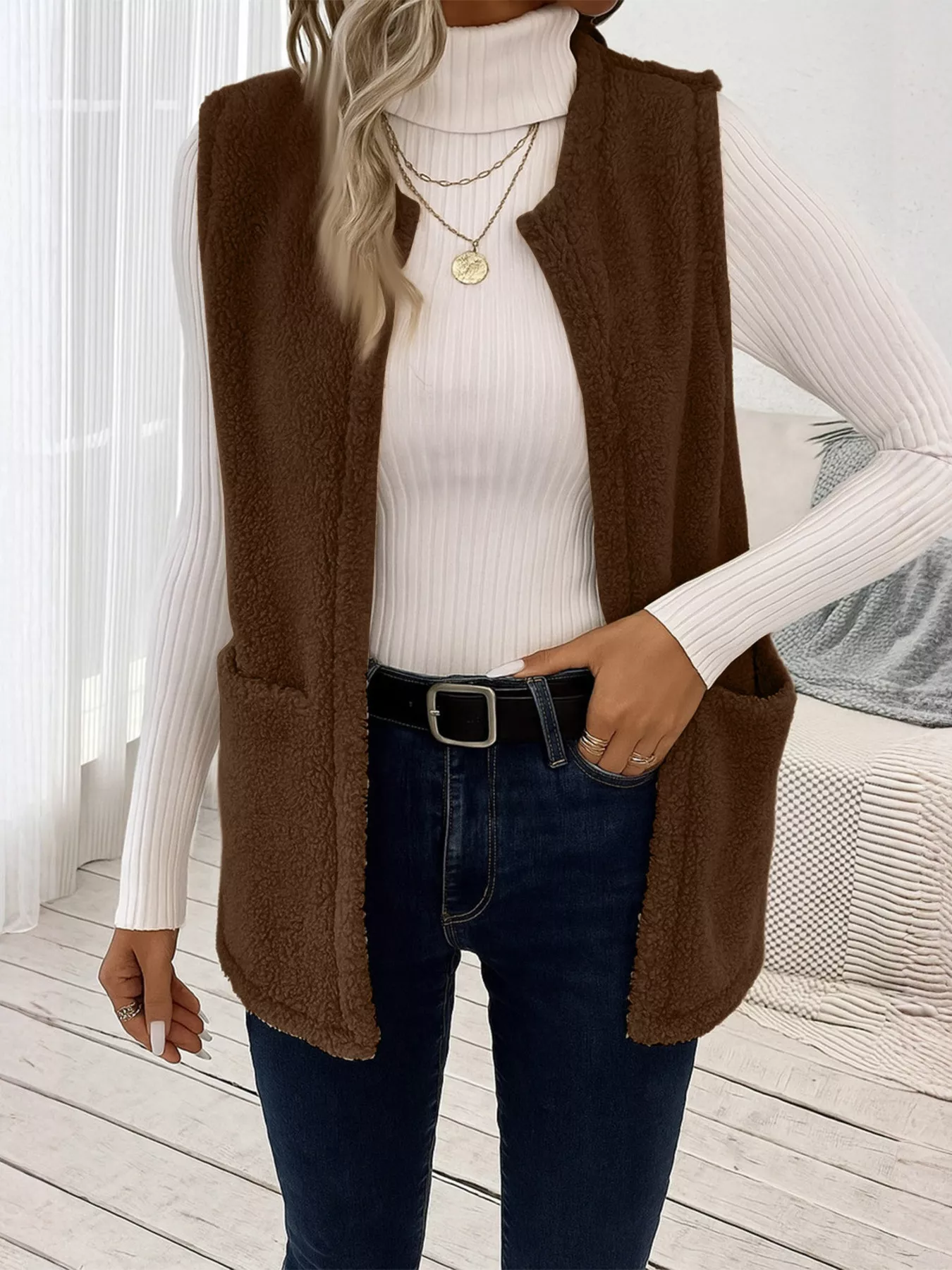 Sleeveless Fuzzy Fleece Vest Coat - Image 10