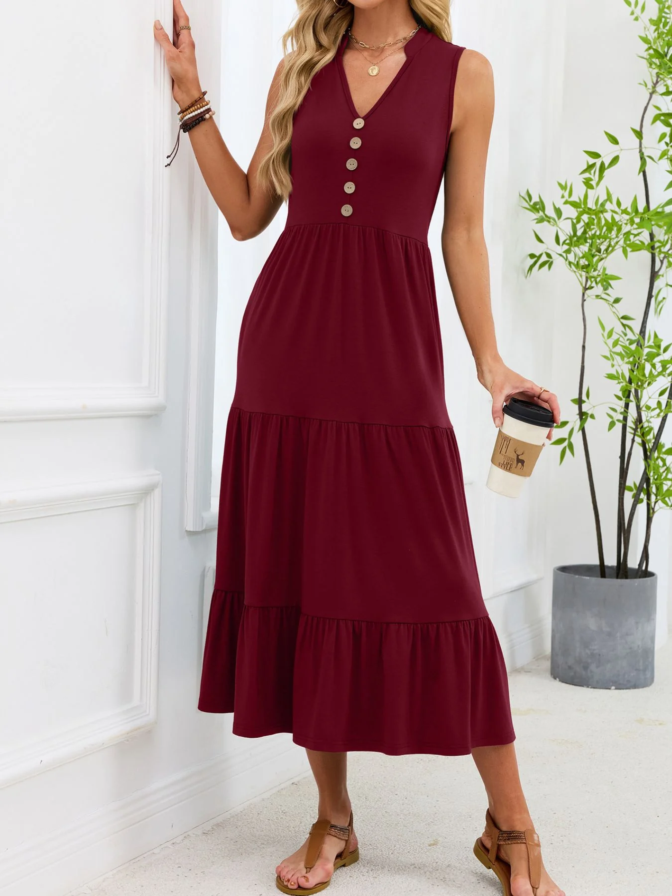 Sleeveless Notched Tiered Midi Dress - Image 12