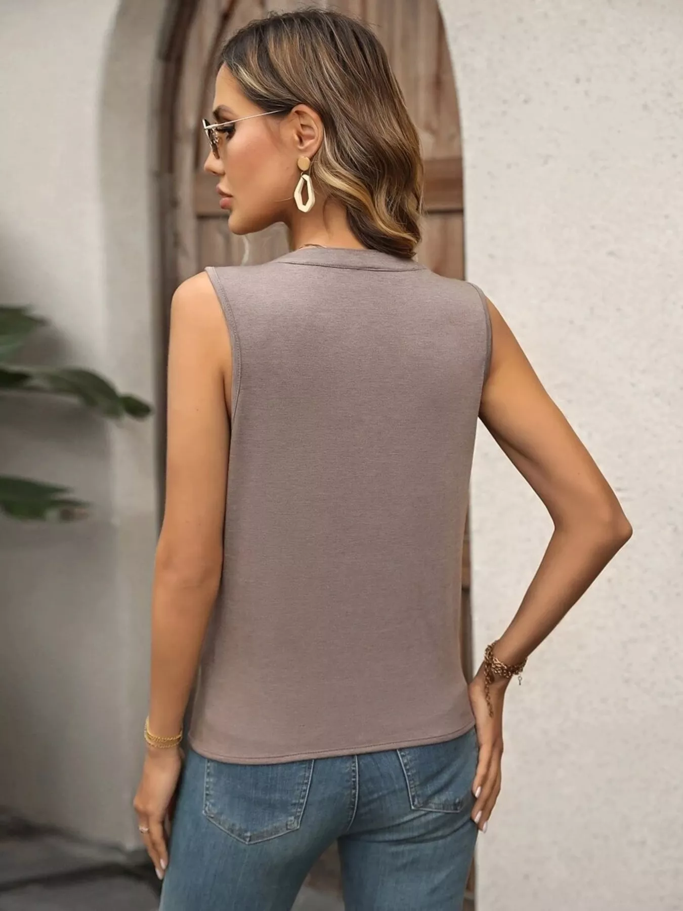 Sleeveless Pleated Notched Tank - Image 14