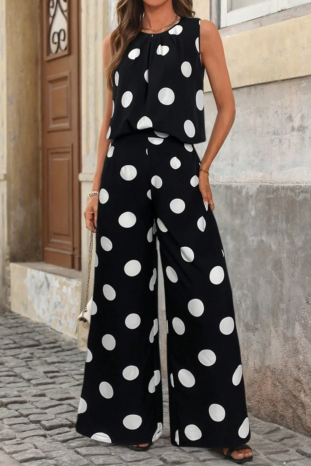 Sleeveless Polka Dot Top and Pants Set - Image 3