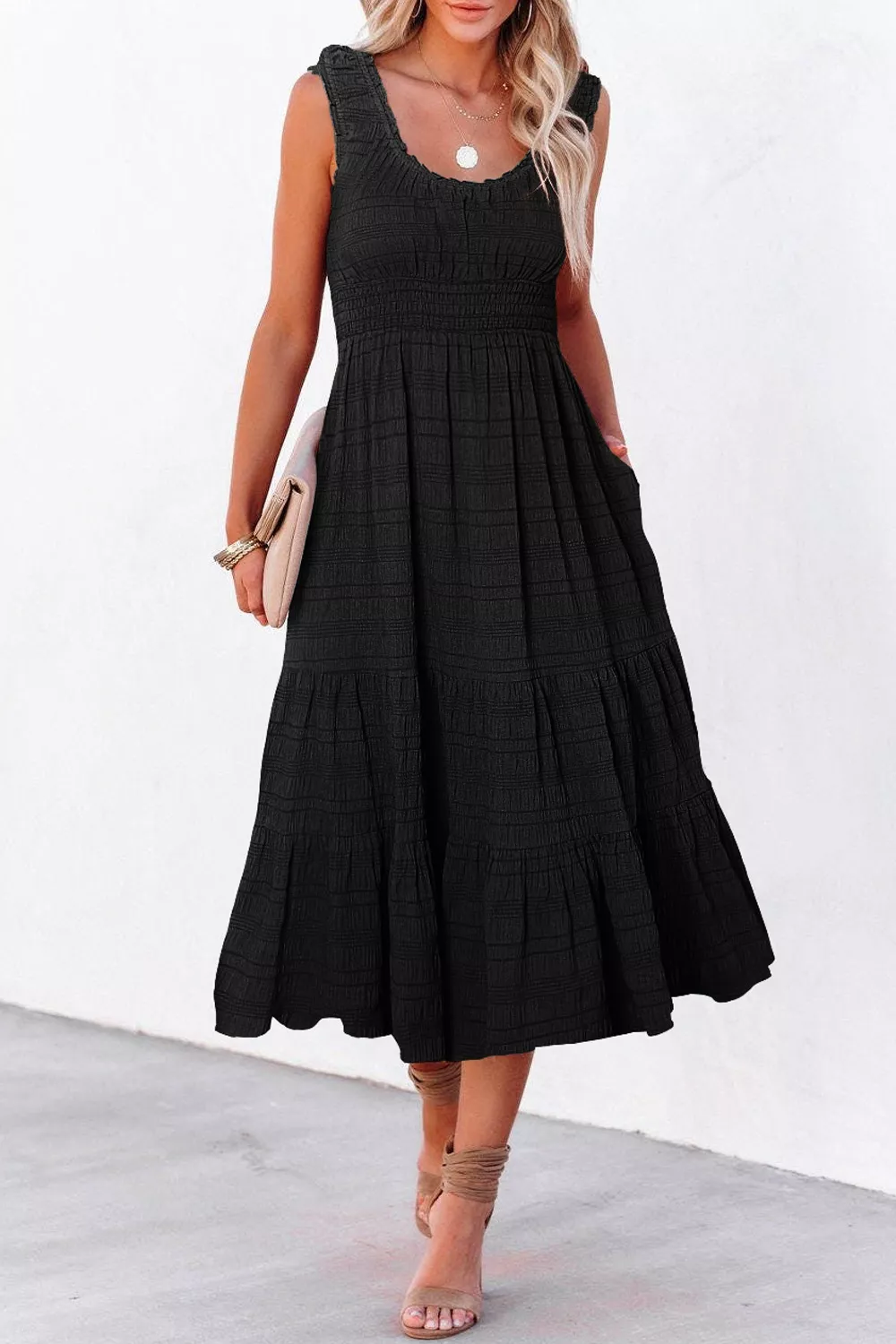 Sleeveless Smocked Tiered Dress with Pockets - Image 3