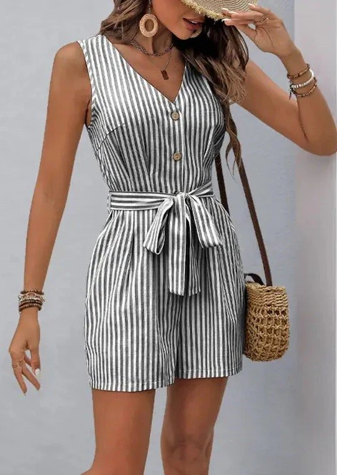 Sleeveless Striped Tie-Waist Romper - Image 3