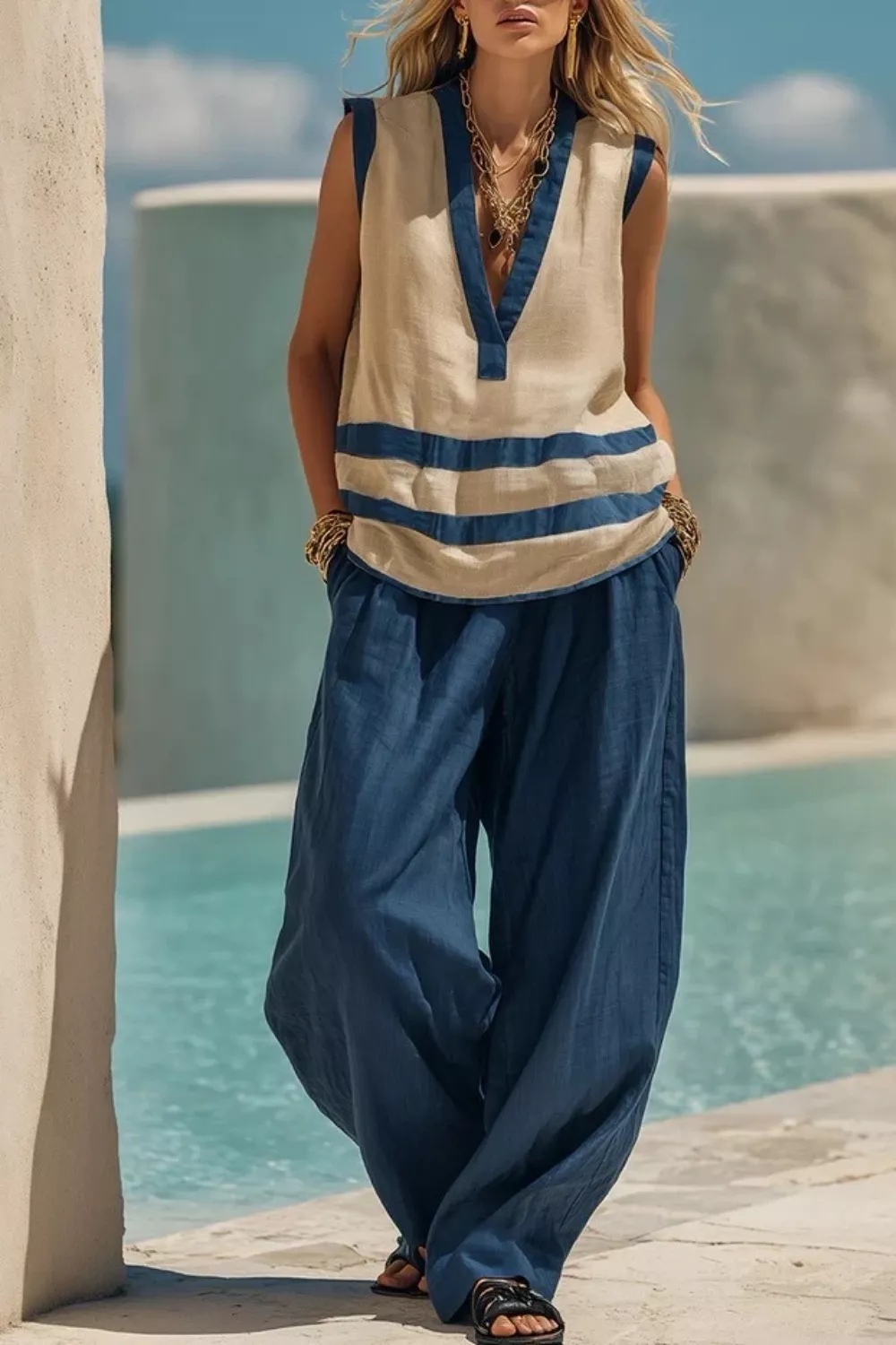 Sleeveless Top and Wide Leg Pants Set - Image 5