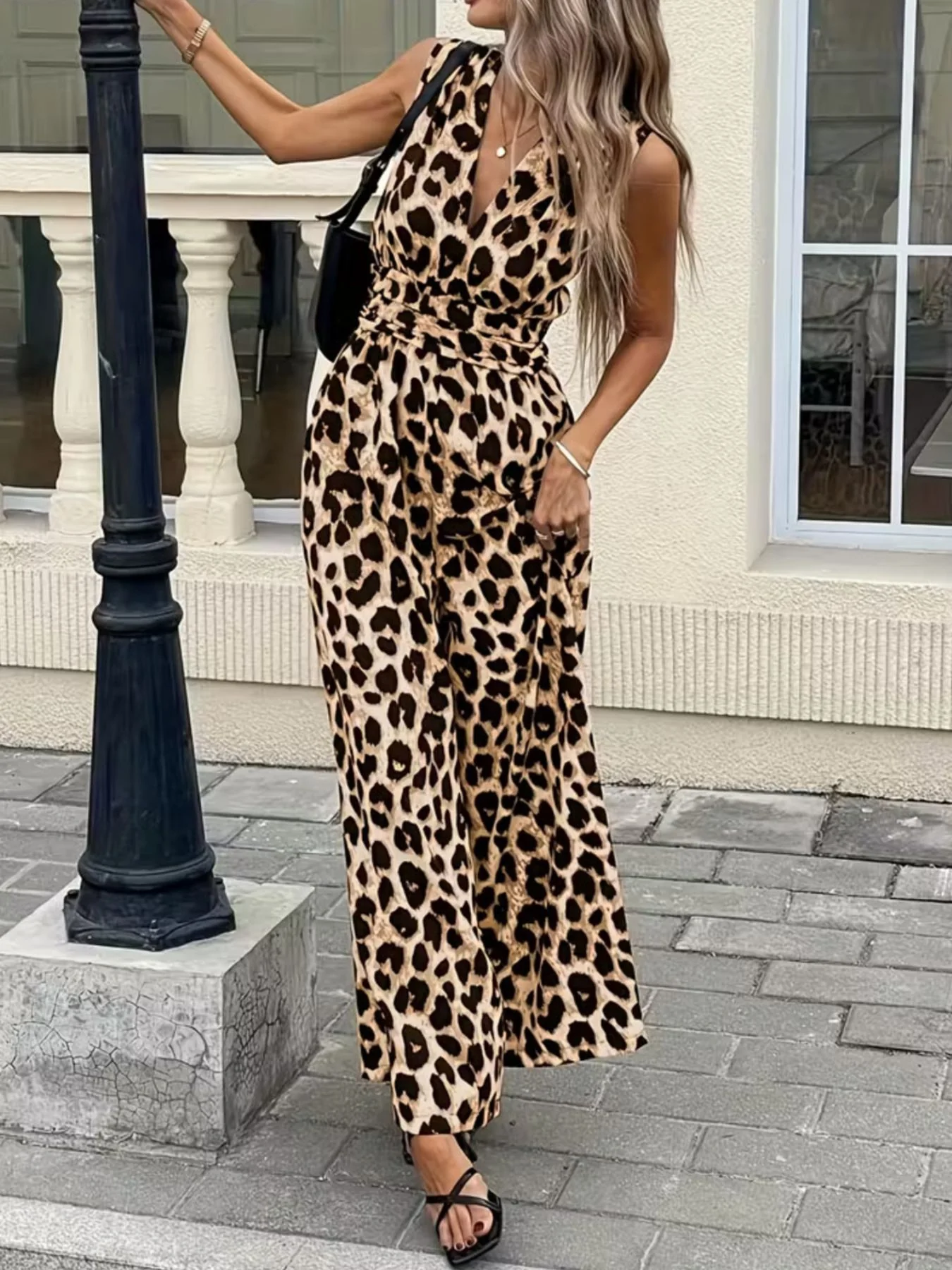Sleeveless V-Neck Leopard Print Wide Leg Jumpsuit - Image 2