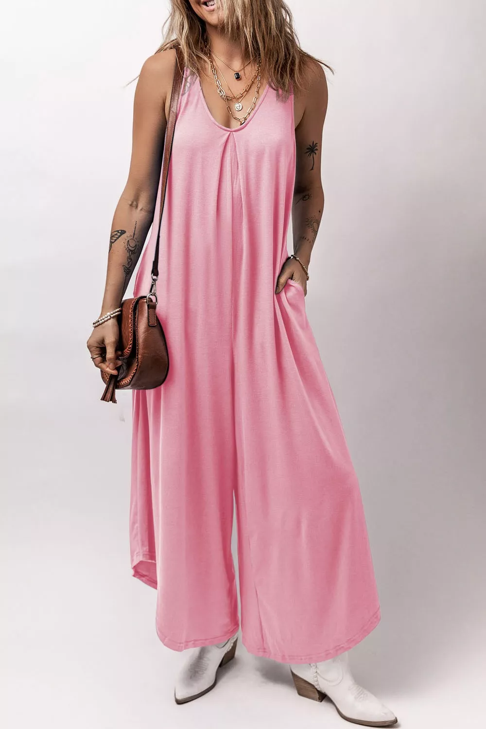 Sleeveless V Neck Pocketed Wide Leg Jumpsuit - Image 6