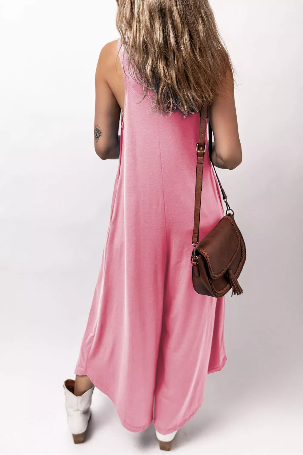 Sleeveless V Neck Pocketed Wide Leg Jumpsuit - Image 7